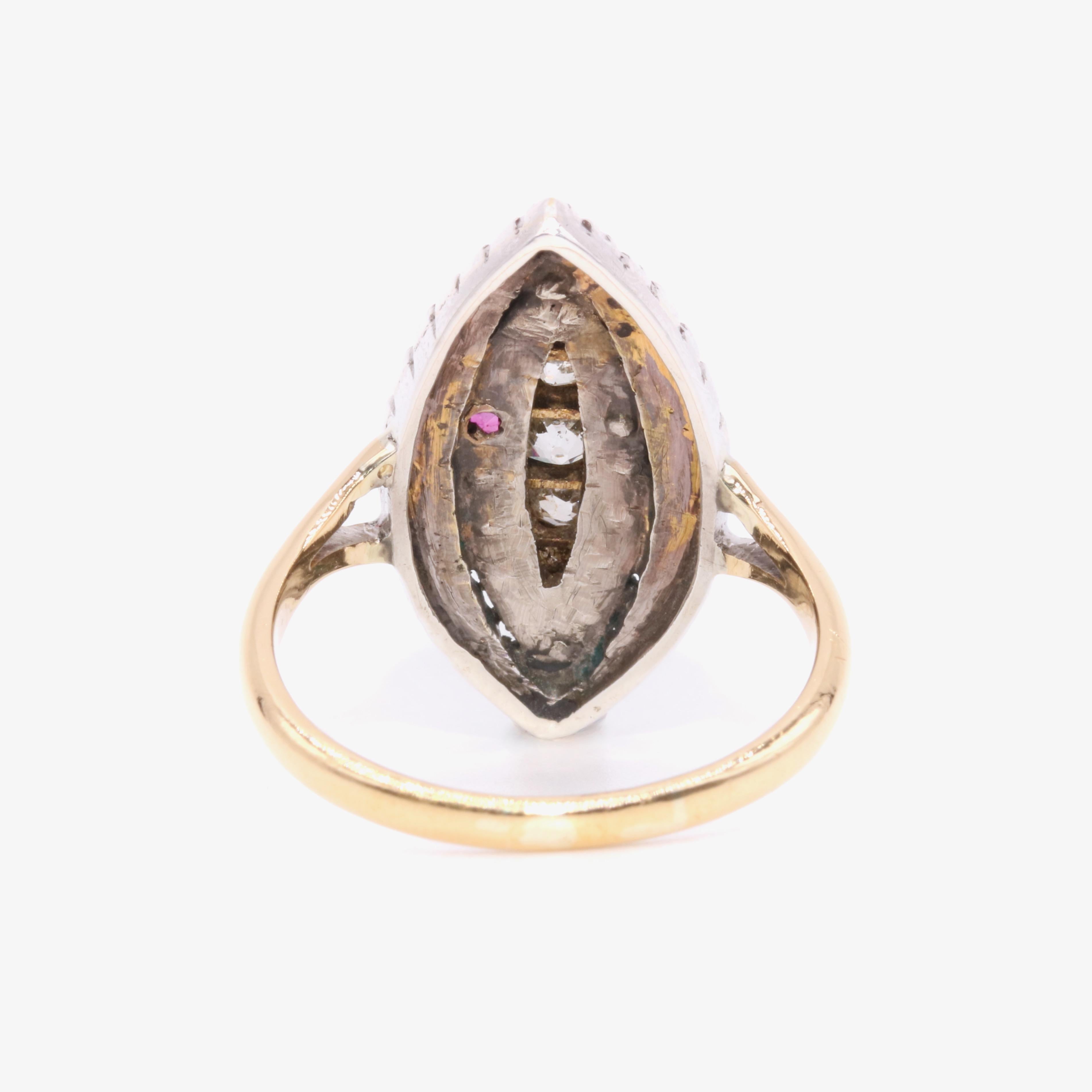 Antique Victorian 18K Gold and Silver 0.8ctw Ruby and Diamond Marquise Ring For Sale 1