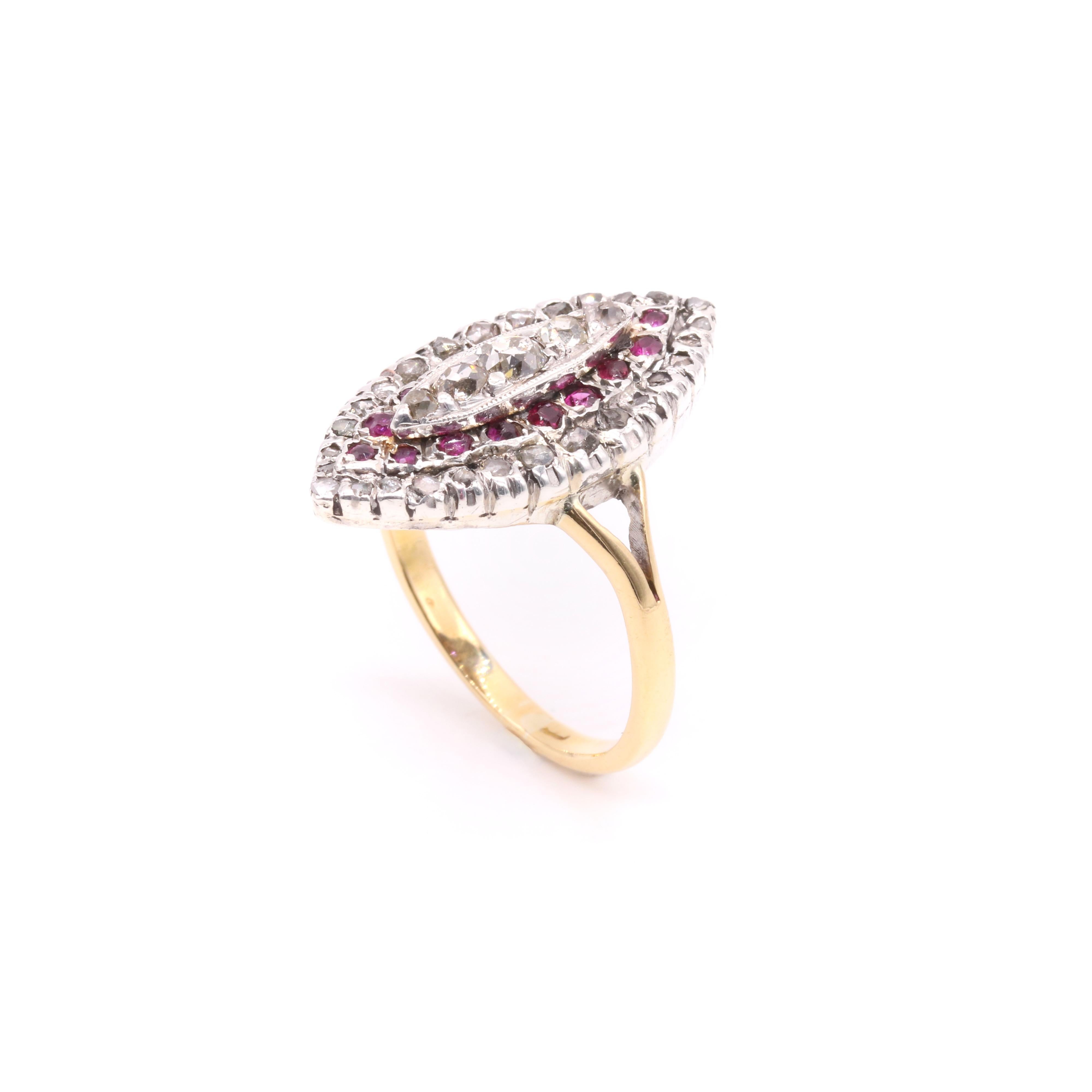 Antique Victorian 18K Gold and Silver 0.8ctw Ruby and Diamond Marquise Ring For Sale 2