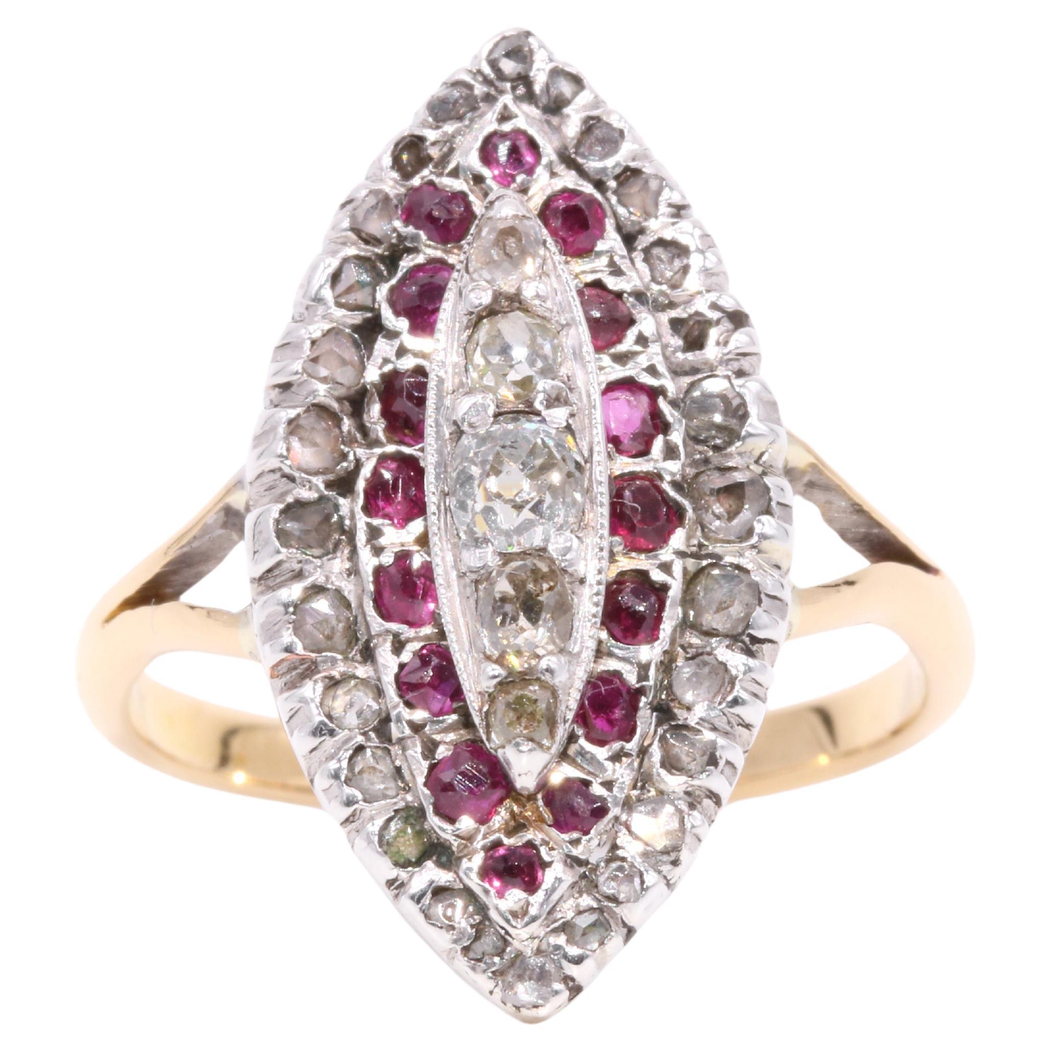 Antique Victorian 18K Gold and Silver 0.8ctw Ruby and Diamond Marquise Ring