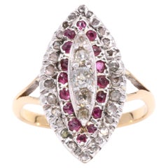 Antique Victorian 18K Gold and Silver 0.8ctw Ruby and Diamond Marquise Ring
