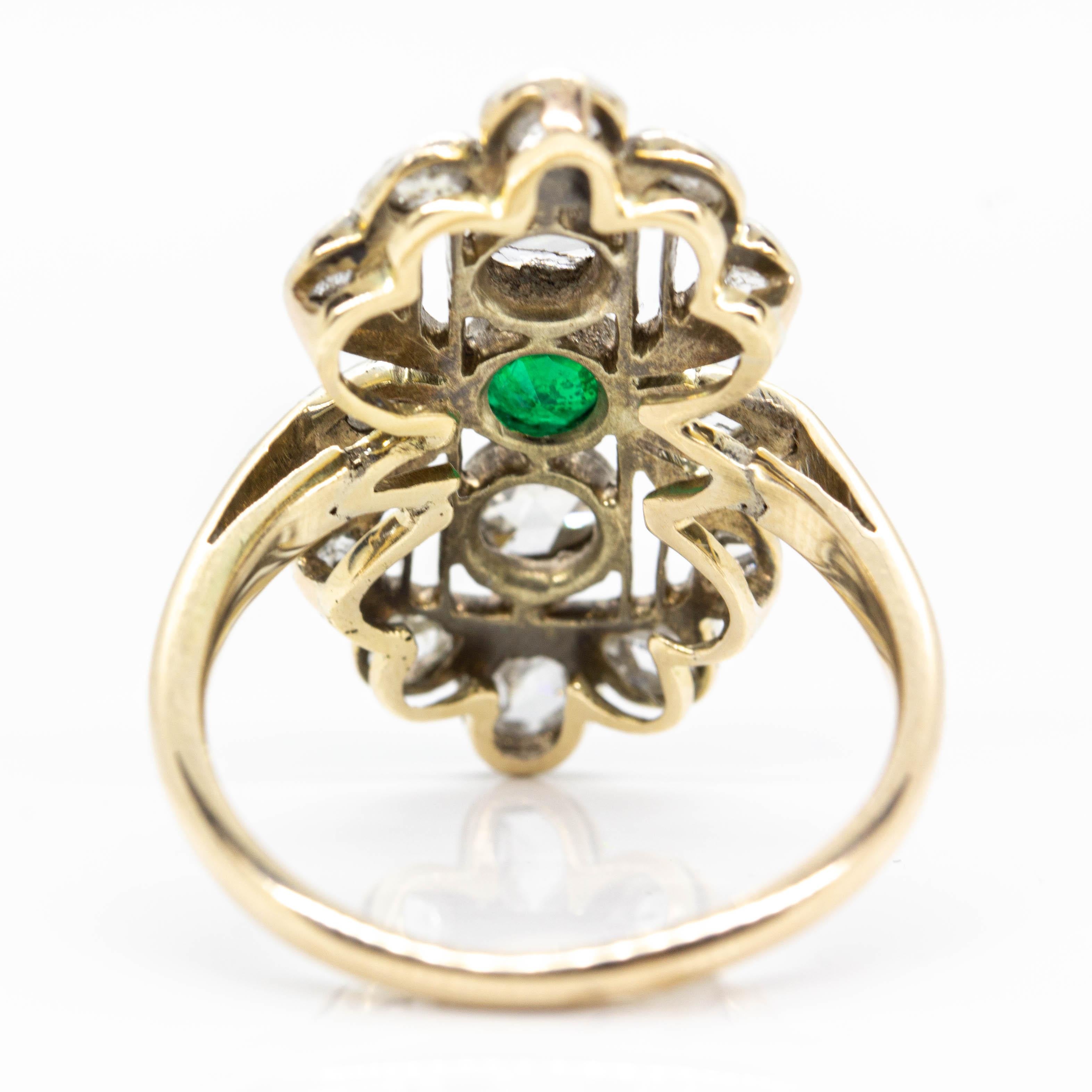 Rose Cut Antique Victorian 18 Karat Gold and Silver Diamonds and Emerald Ring For Sale