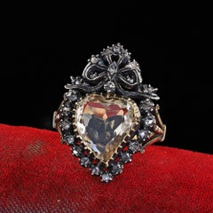Antique Victorian 18K Gold and Silver Heart Shaped Citrine Diamond Cocktail Ring