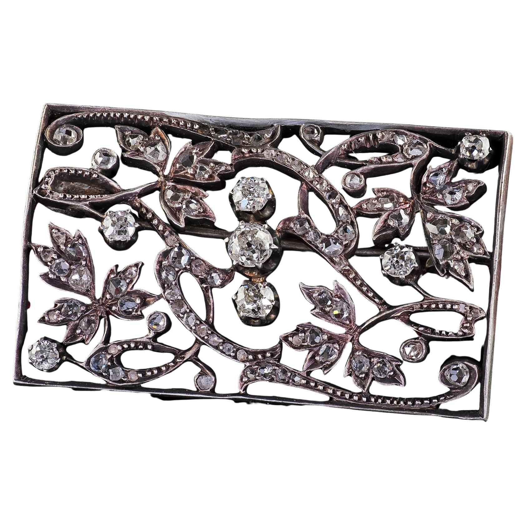 Antike viktorianische 18K Gold und Silber Old Cut Diamond Floral Pin Brosche