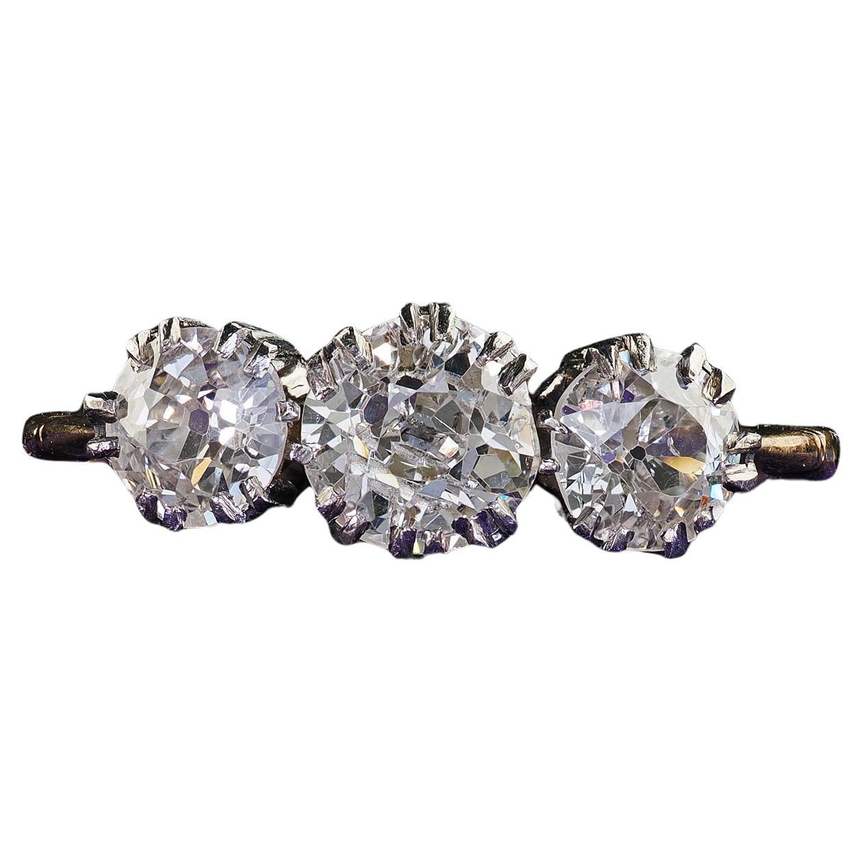 Antique Victorian 18K Gold and Silver Old Euro Three Diamond Engagement Ring