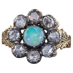 Antico anello di fidanzamento vittoriano in oro e argento 18 carati con diamante taglio rosa e opale