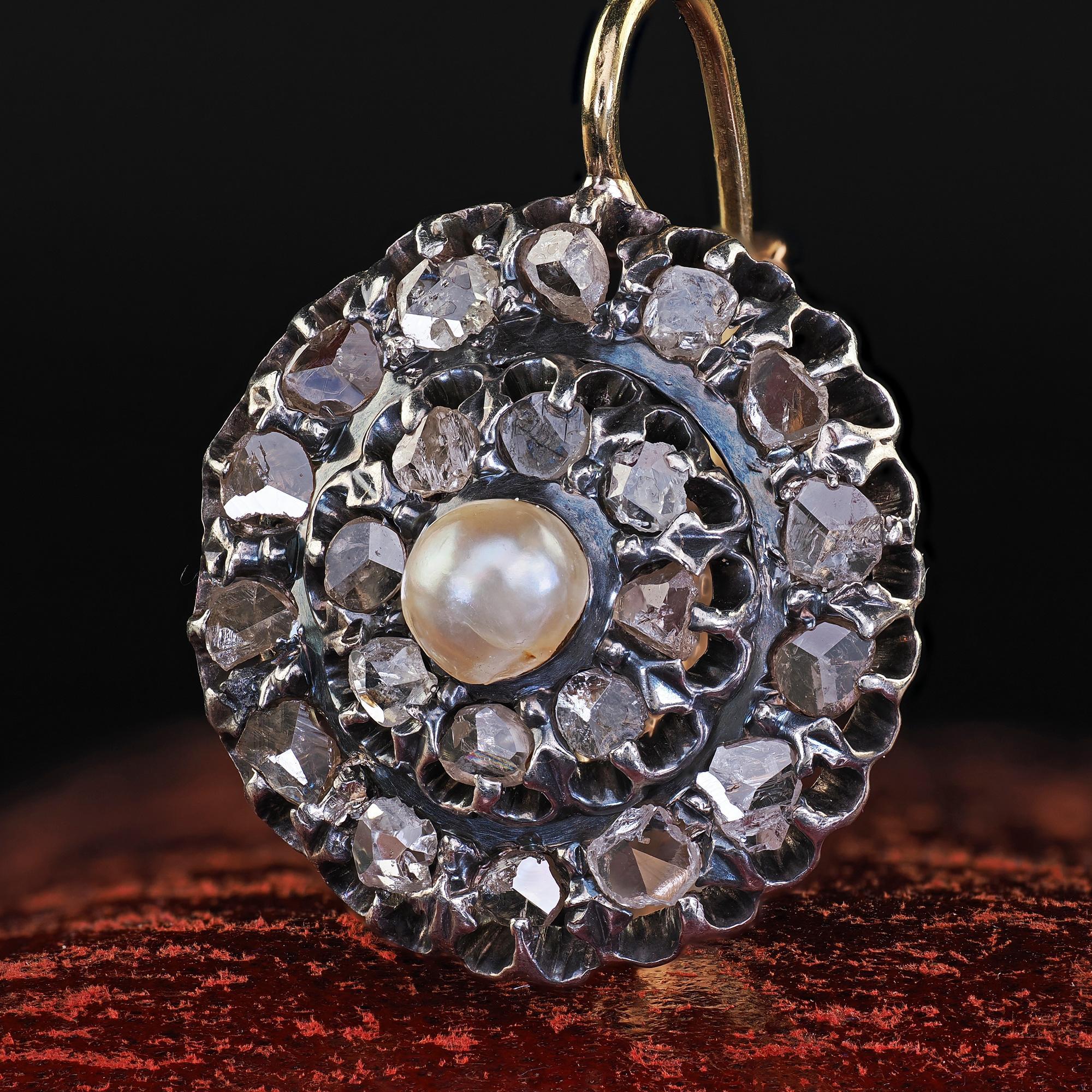 De las mujeres Antiguos pendientes victorianos de oro y plata de 18 quilates con diamantes talla rosa y perlas en venta