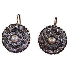 Antique Victorian 18K Gold and Silver Rose Cut Diamond and Pearl Drop Earrings