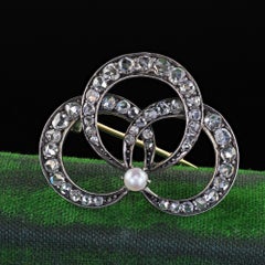 Antique Victorian 18K Gold and Silver Rose Cut Diamond and Pearl Pin Brooch