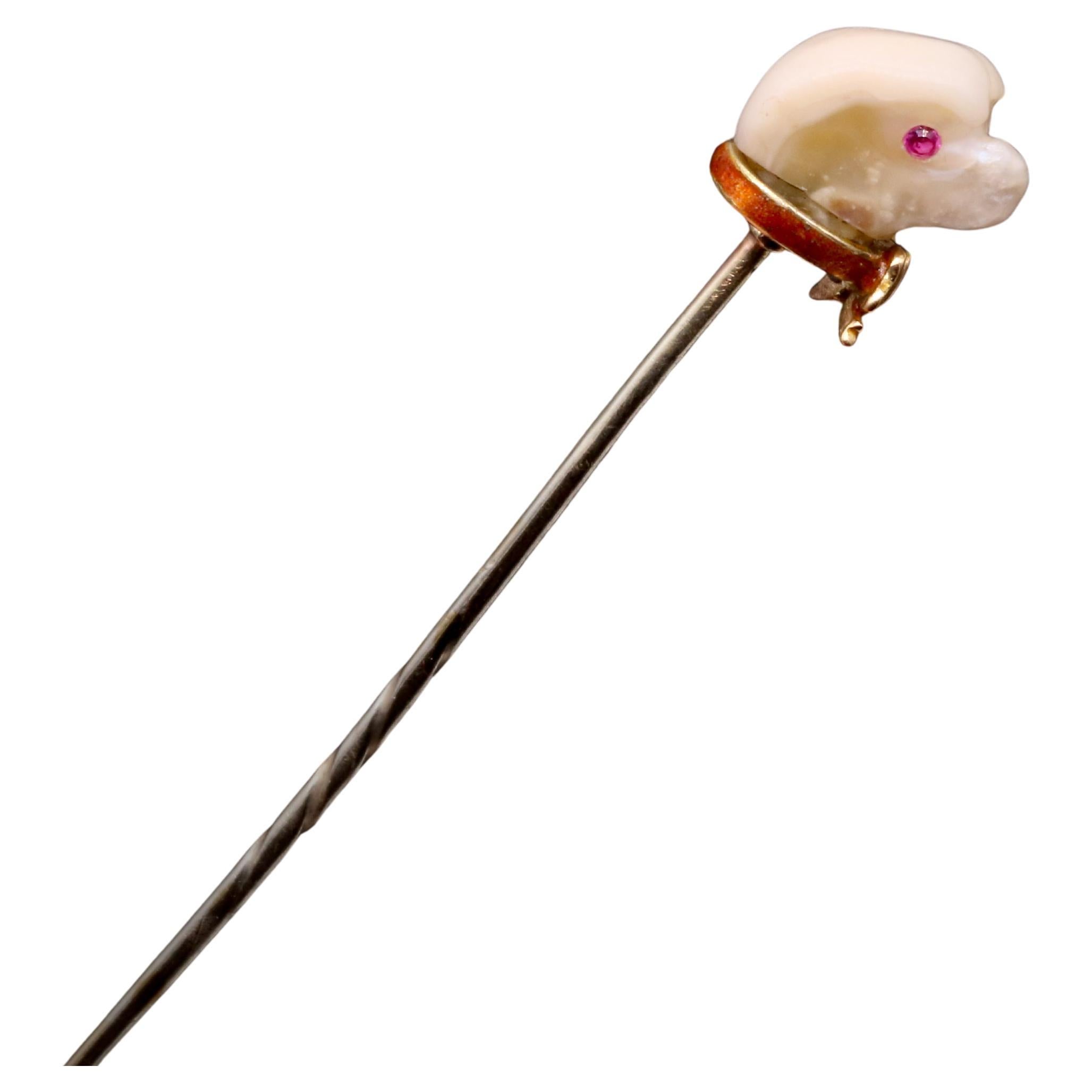 Antique Victorian 18K Gold Baroque Pearl, Ruby and Enamel Dog Head Stick Pin