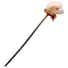 Antique Victorian 18K Gold Baroque Pearl, Ruby and Enamel Dog Head Stick Pin