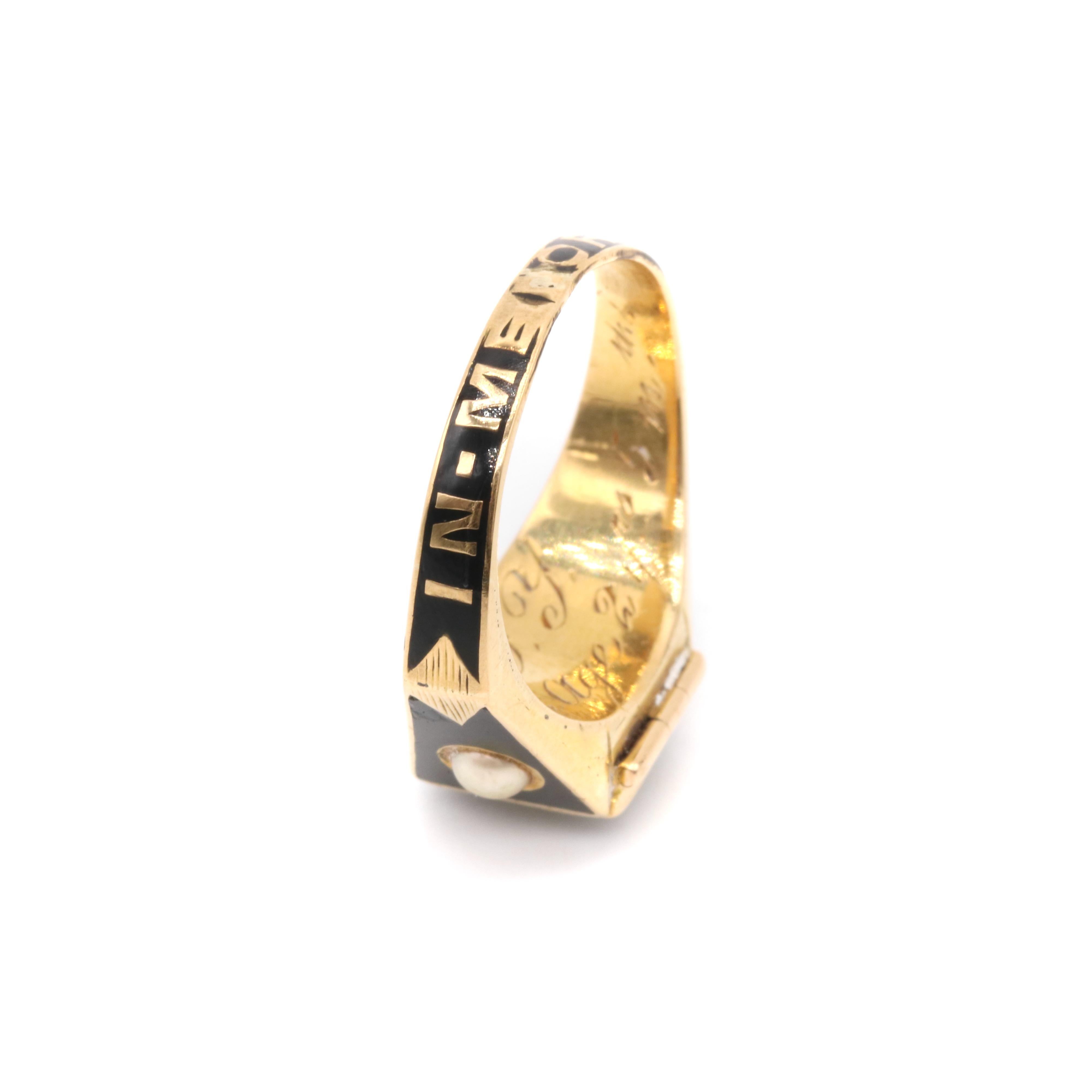Antique Victorian 18K Gold Black Enamel and Pearl Hinged Locket Mourning Ring For Sale 4