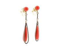 Antique Victorian 18 Karat Gold Black Enamel Coral Ear Pendants