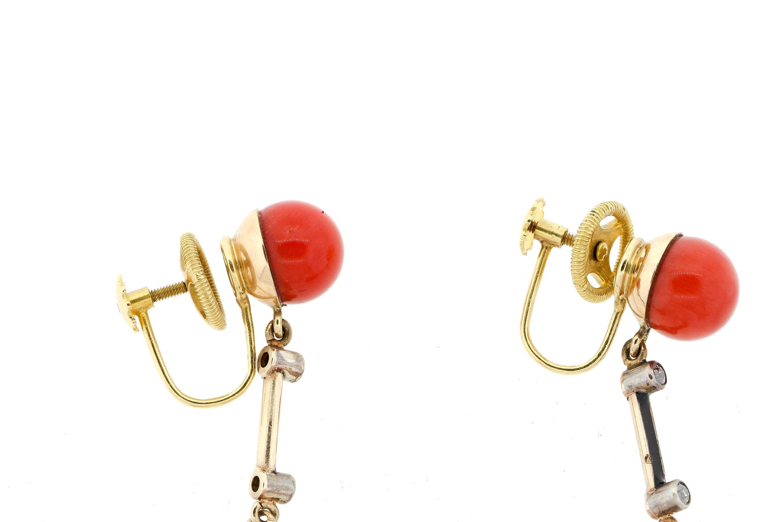 Tumbled Antique Victorian 18 Karat Gold Black Enamel Coral Ear Pendants For Sale