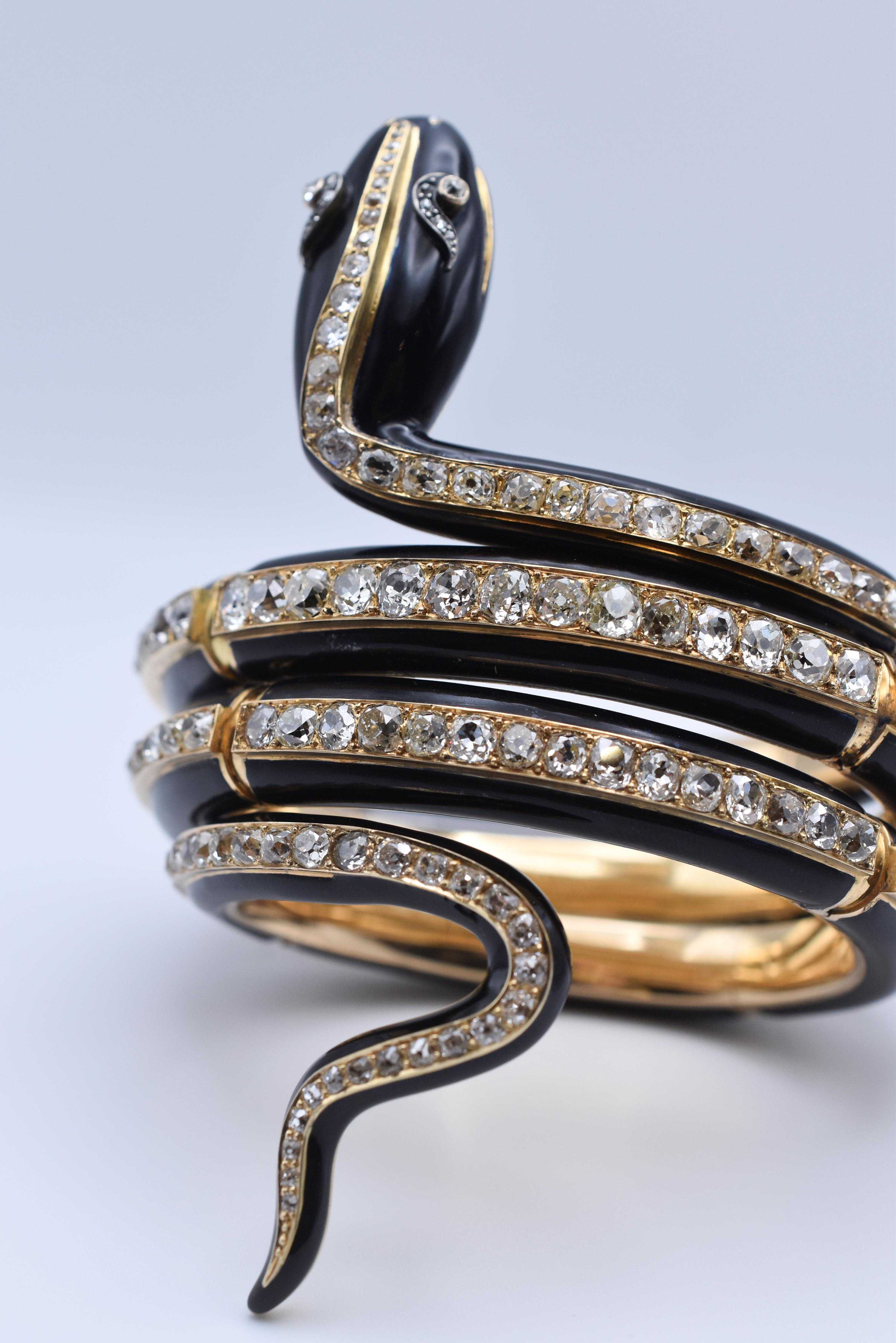 Old Mine Cut Antique Victorian 18k Gold & Black Enamel Diamond Snake Bracelet For Sale