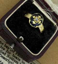Antique Victorian 18k Gold, Black Enamel & Old Cut Diamond Mourning Ring, C 1884