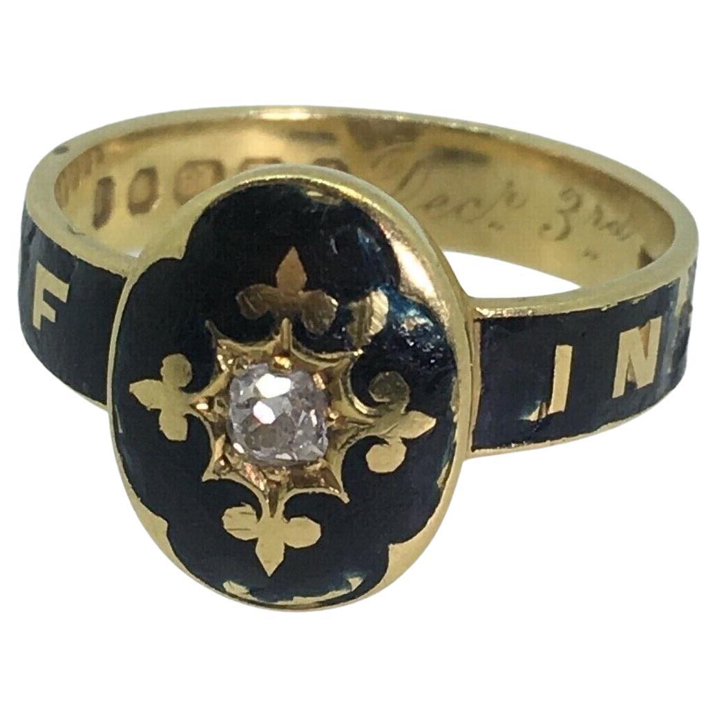 Antique Victorian 18k Gold, Black Enamel & Old Cut Diamond Mourning Ring, C 1884