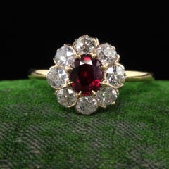 Antique Victorian 18K Gold Burma Ruby Diamond Cluster Engagement Ring - GIA