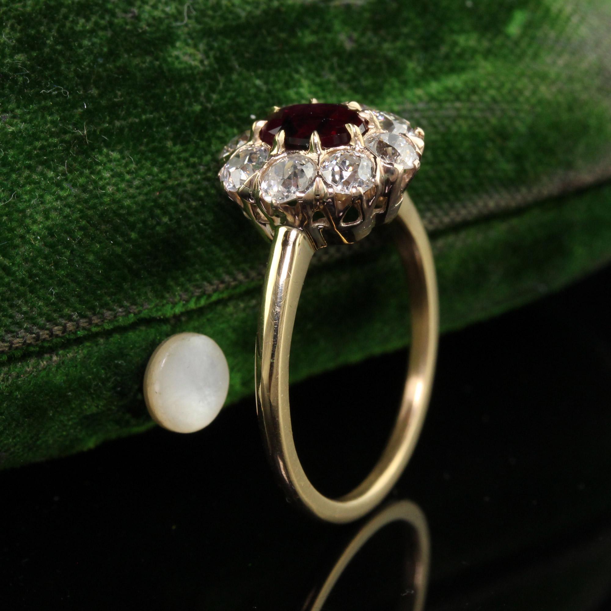Round Cut Antique Victorian 18K Gold Burma Ruby Diamond Cluster Engagement Ring - GIA