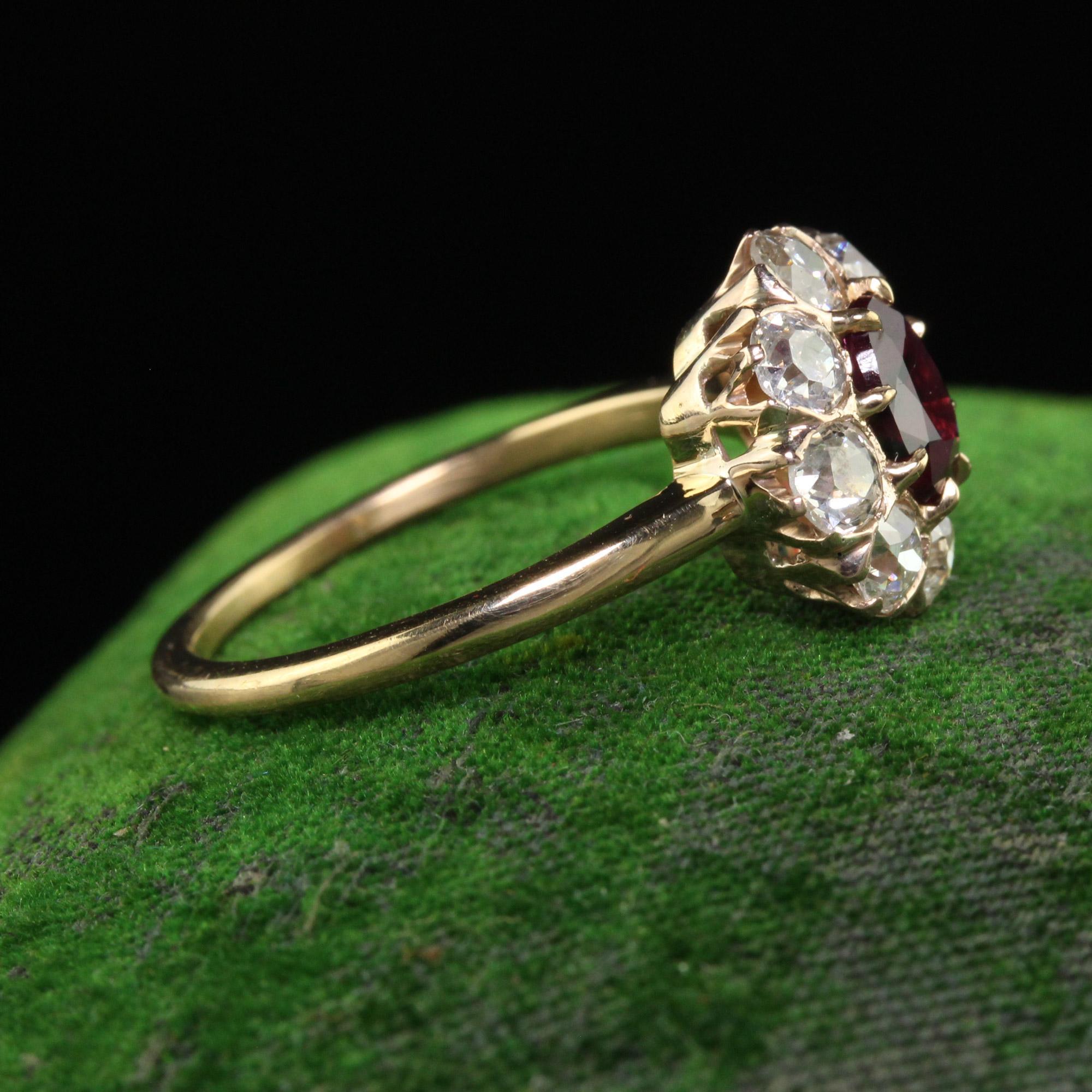 Antique Victorian 18K Gold Burma Ruby Diamond Cluster Engagement Ring - GIA In Good Condition In Great Neck, NY