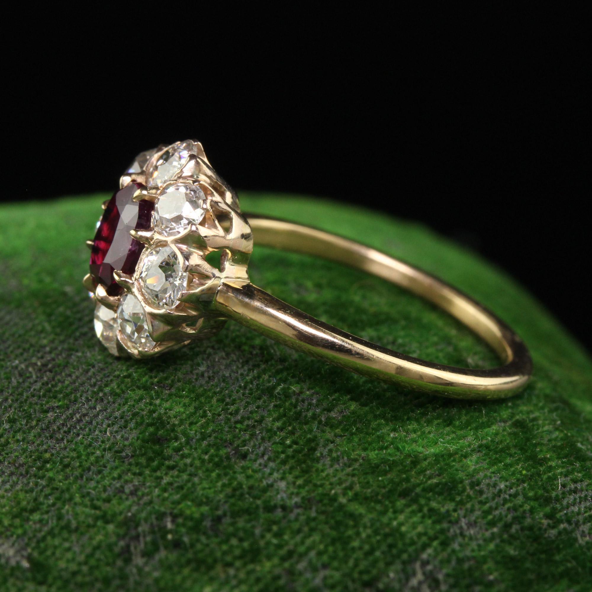 Women's Antique Victorian 18K Gold Burma Ruby Diamond Cluster Engagement Ring - GIA