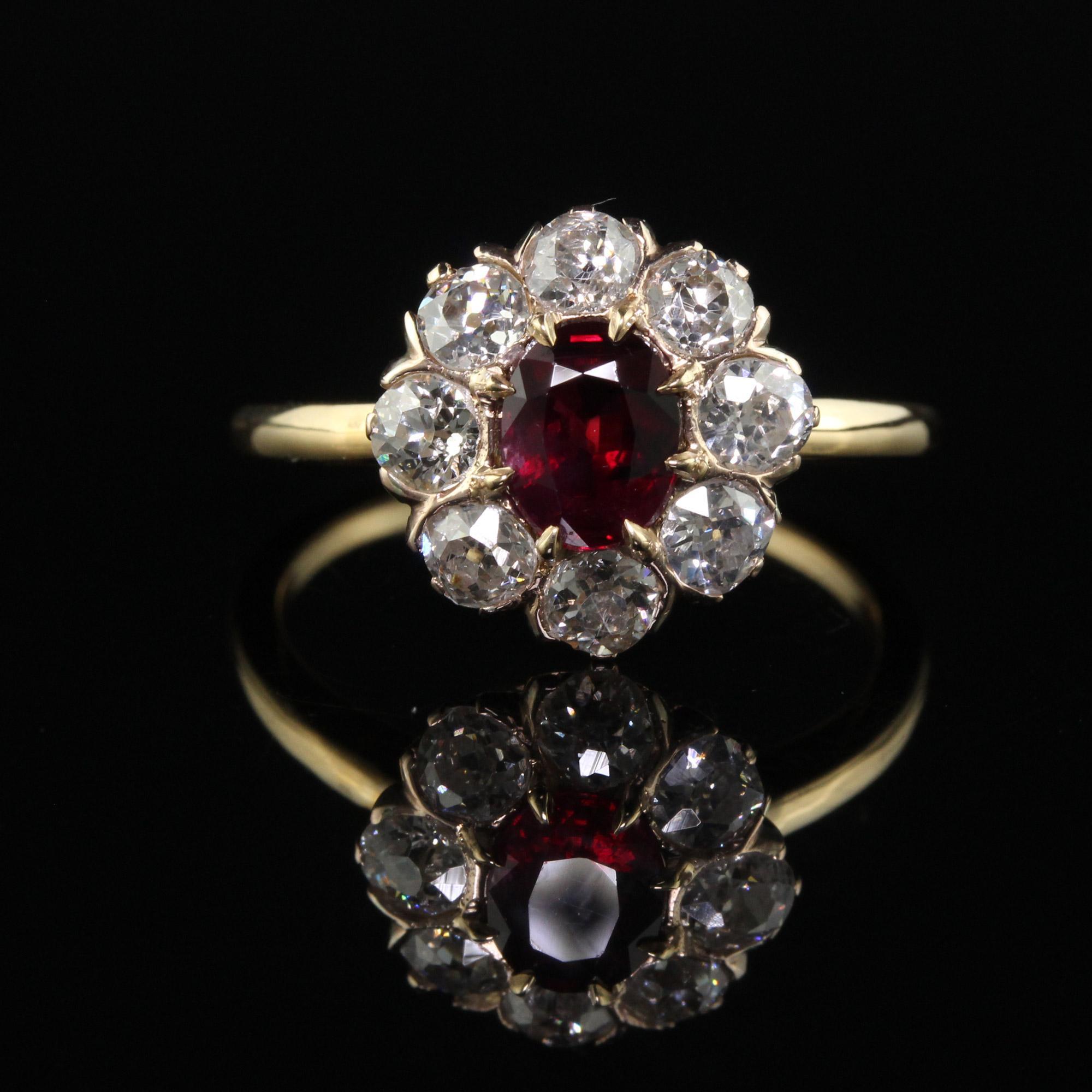 Antique Victorian 18K Gold Burma Ruby Diamond Cluster Engagement Ring - GIA 1