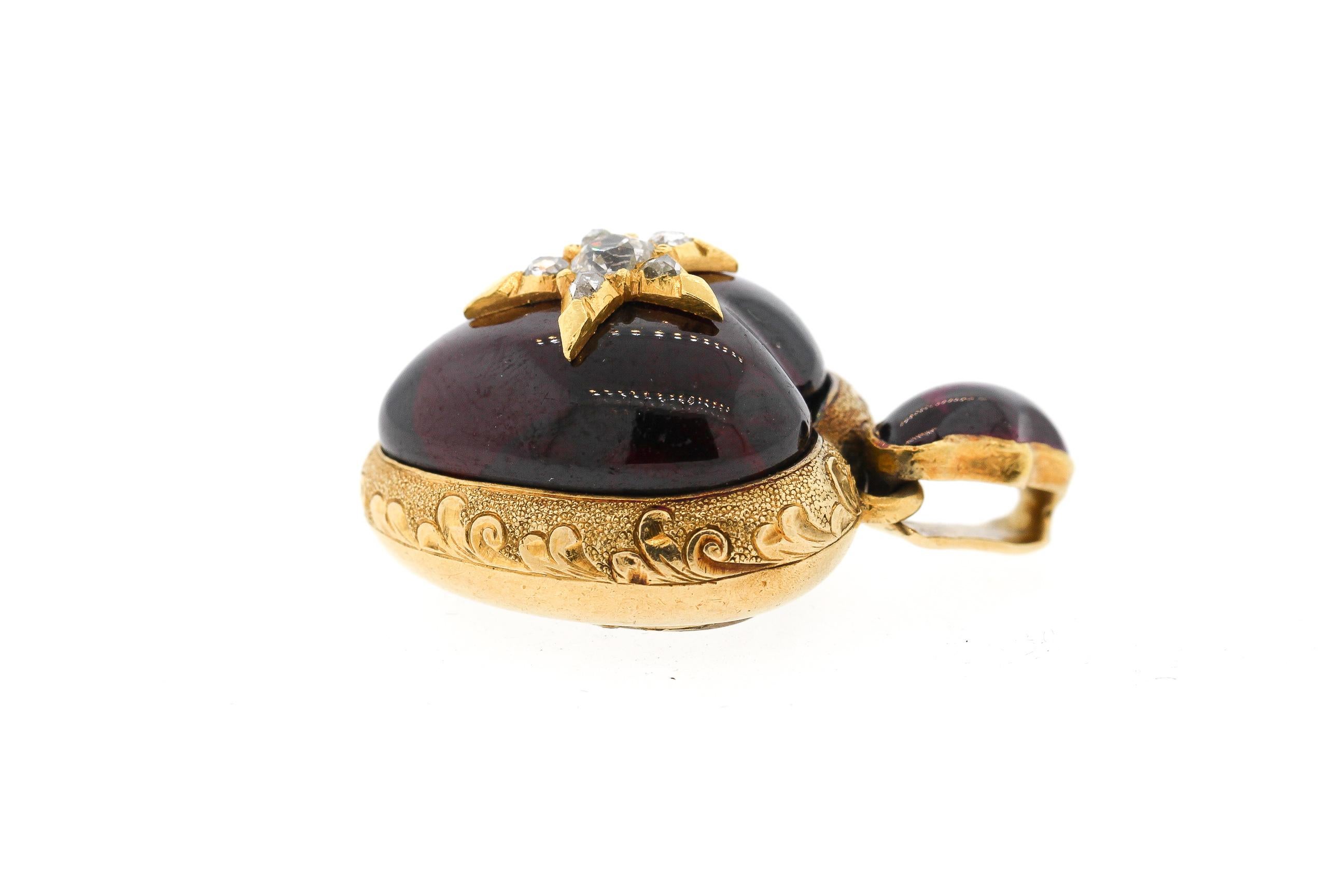 Antiker viktorianischer Herzanhänger aus 18 Karat Gold mit Cabochon-Granat und Diamant (Hochviktorianisch) im Angebot
