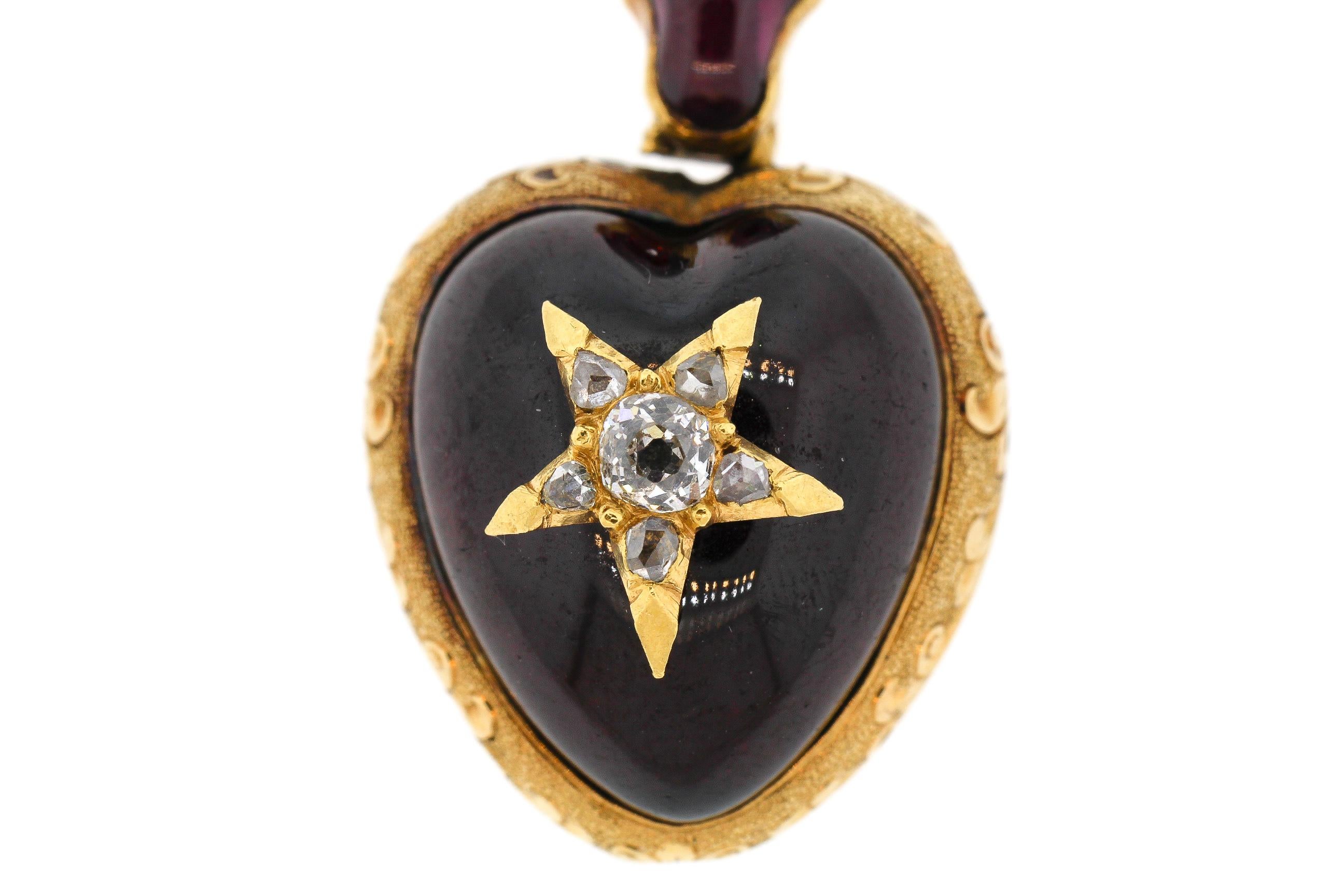 High Victorian Antique Victorian 18 Karat Gold Cabochon Garnet Diamond Heart Pendant For Sale
