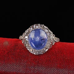 Antique Victorian 18K Gold Cabochon Sapphire Rose Cut Diamond Engagement Ring