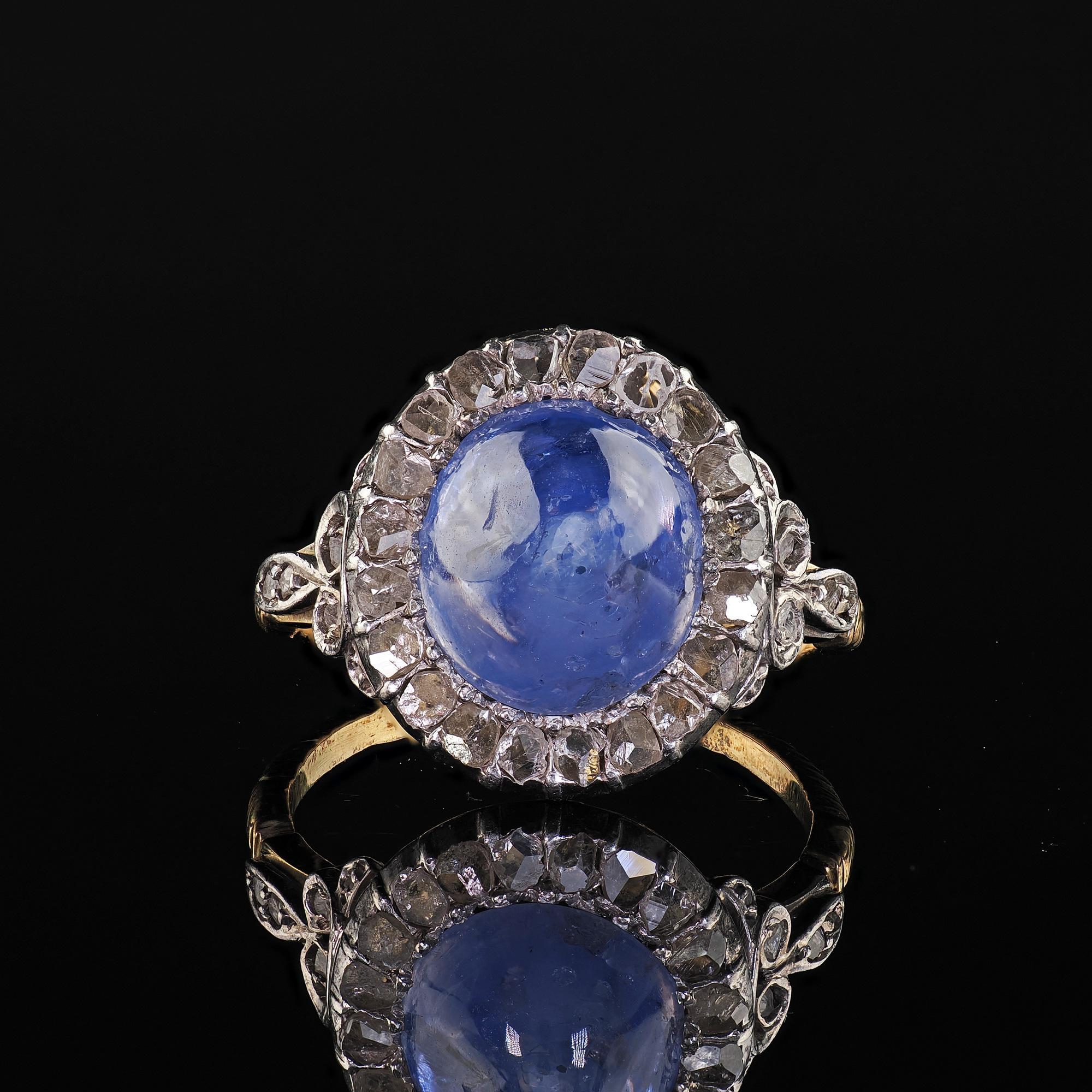 Antique Victorian 18K Gold Cabochon Sapphire Rose Cut Diamond Engagement Ring For Sale 3