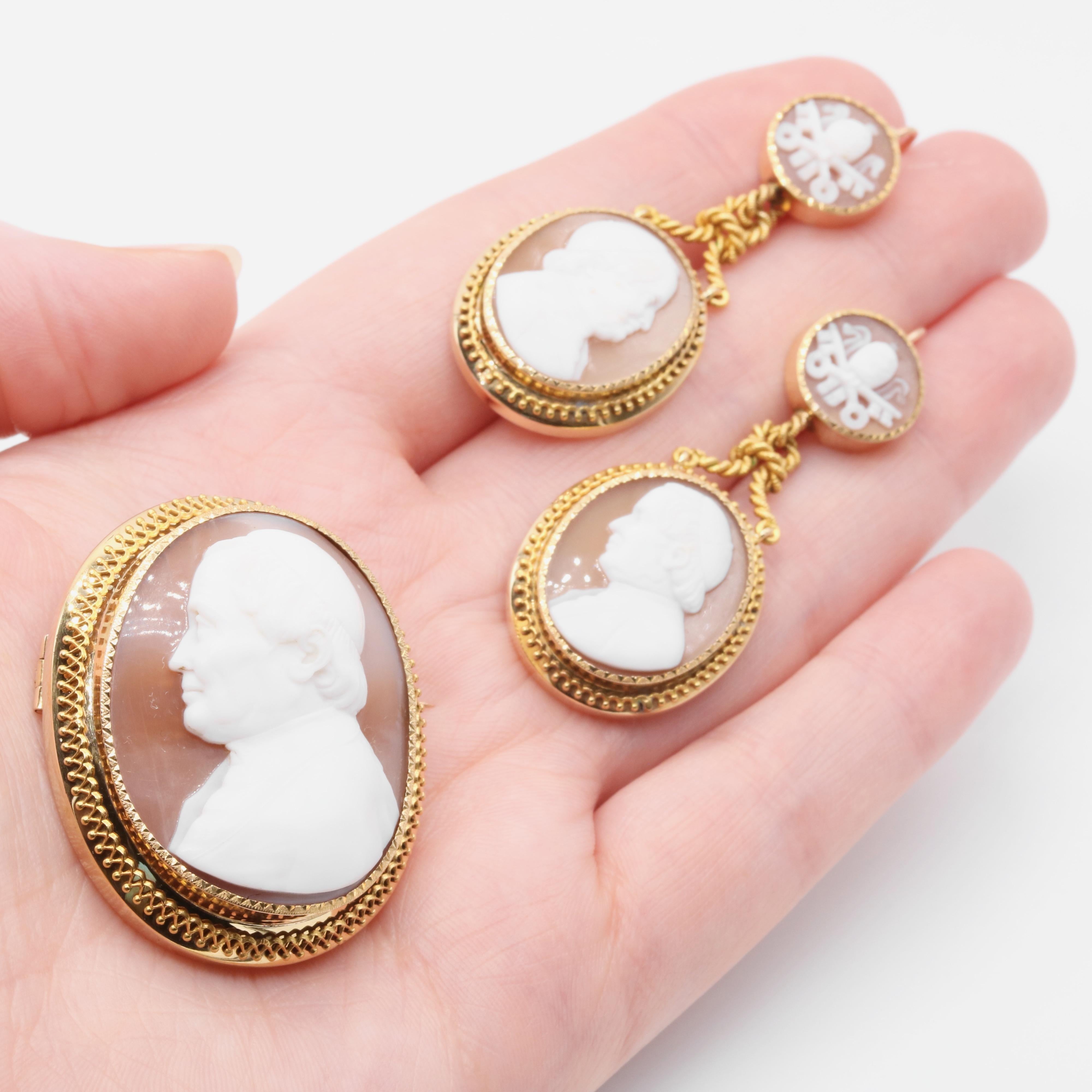 Antique Victorian 18K Gold Carved Shell Cameo Papal Brooch & Earrings Suite For Sale 7