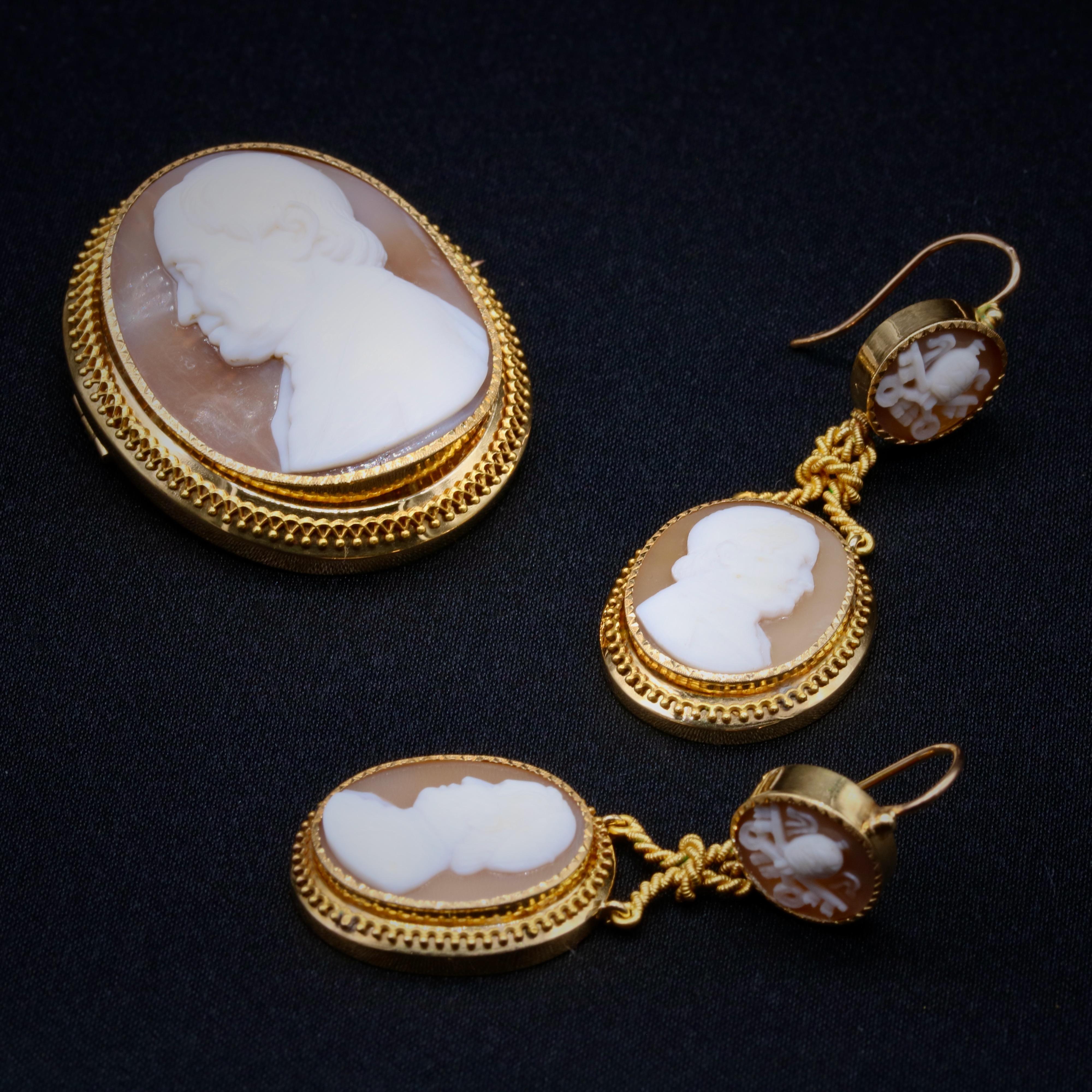 Women's or Men's Antique Victorian 18K Gold Carved Shell Cameo Papal Brooch & Earrings Suite For Sale
