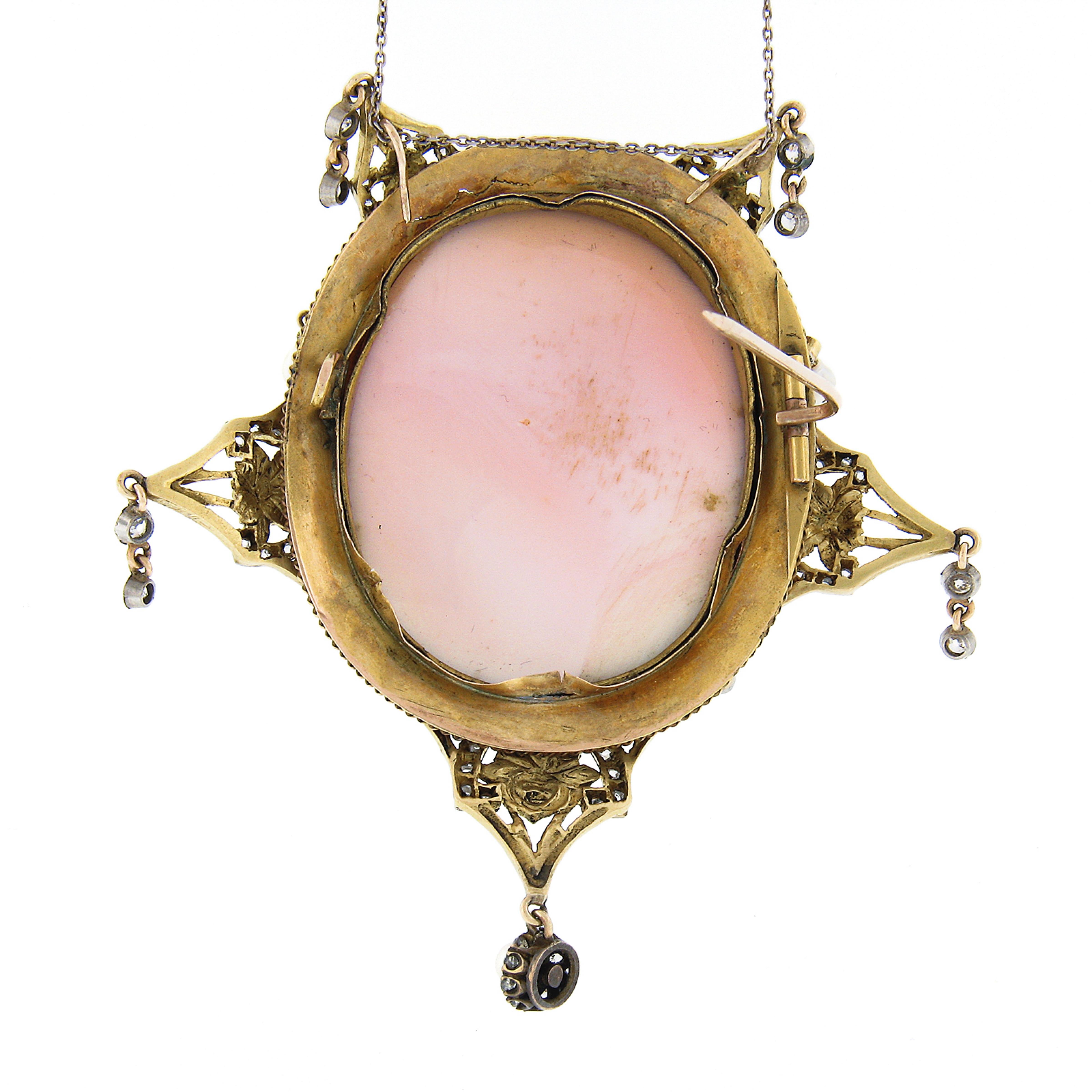 Oval Cut Antique Victorian 18k Gold Carved White Pink Shell Cameo Brooch w/ Diamond Frame For Sale