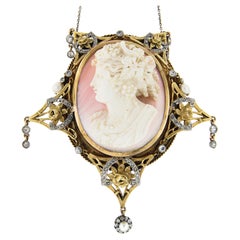 Antique Victorian 18k Gold Carved White Pink Shell Cameo Brooch w/ Diamond Frame