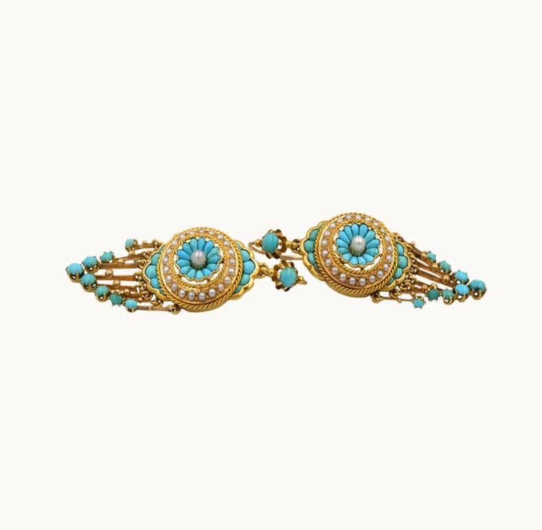Stunning antique Victorian chandelier earrings in 18 karat yellow gold from circa the 1870s.  These earrings feature Persian turquoise set throughout and pearls.  The hooks make them easy and comfortable to wear!

Earrings measure approximately 2.30