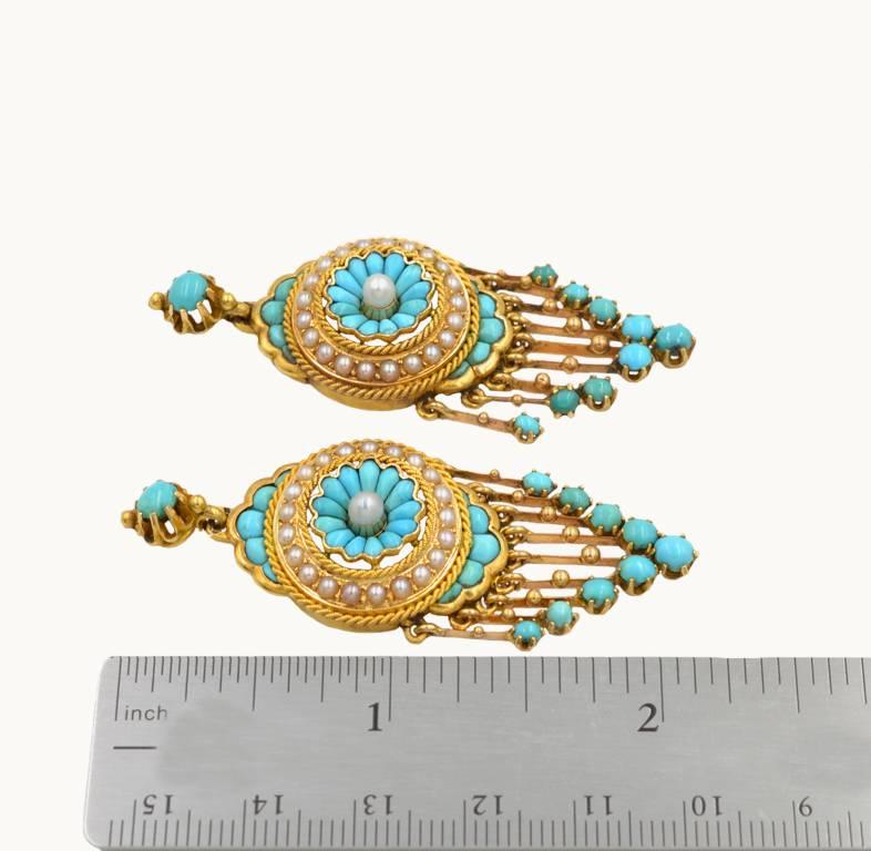 Antique Victorian 18 Karat Gold Chandelier Earrings with Turquoise and Pearl For Sale 1