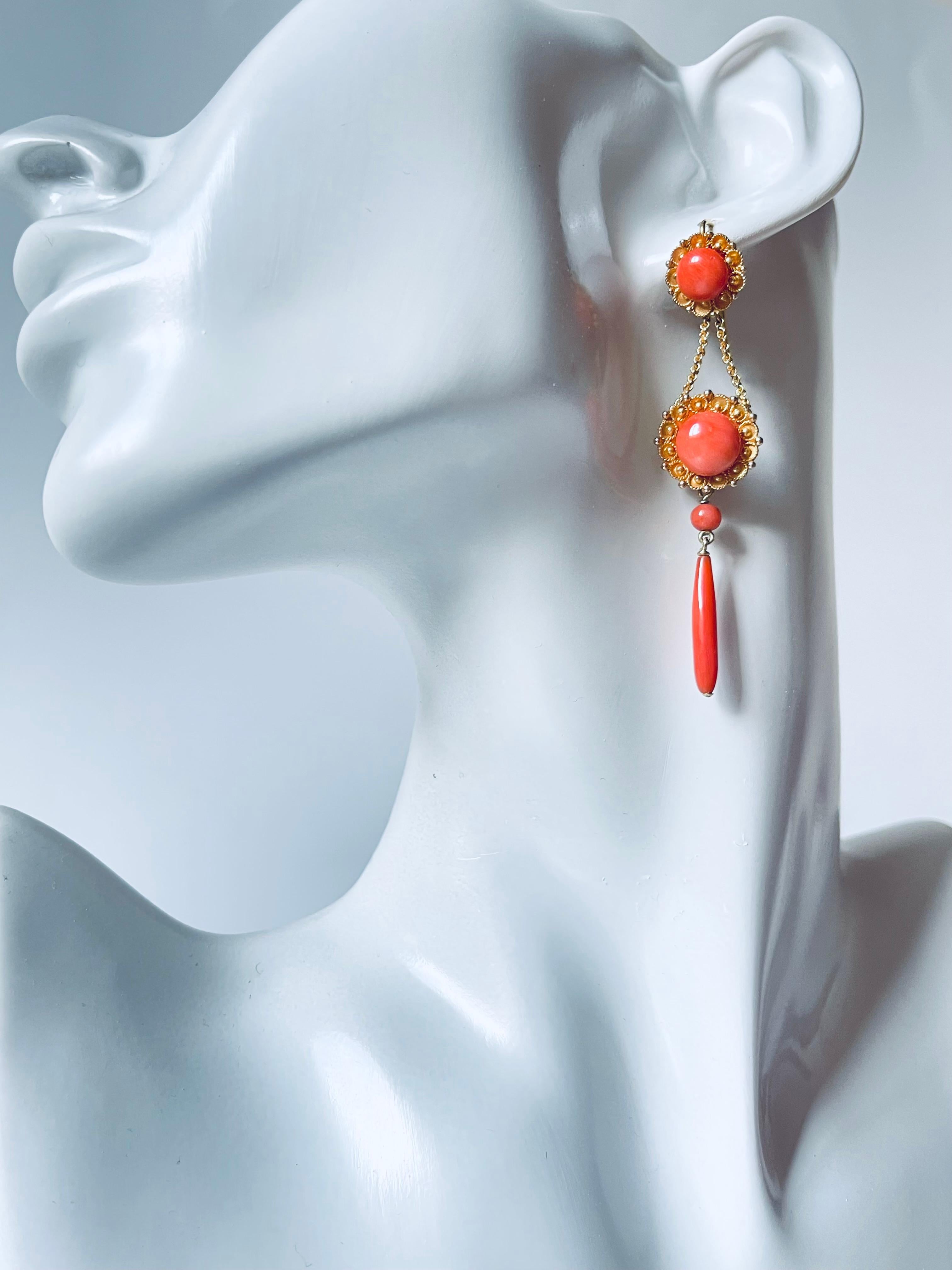 A pair of authentic, very fine Victorian period coral and 18K yellow gold earrings, possibly Italian, in the Etruscan Revival style, immensely fashionable at the time and inspired by jewels unearthed at archaeological digs in ancient Etruria.