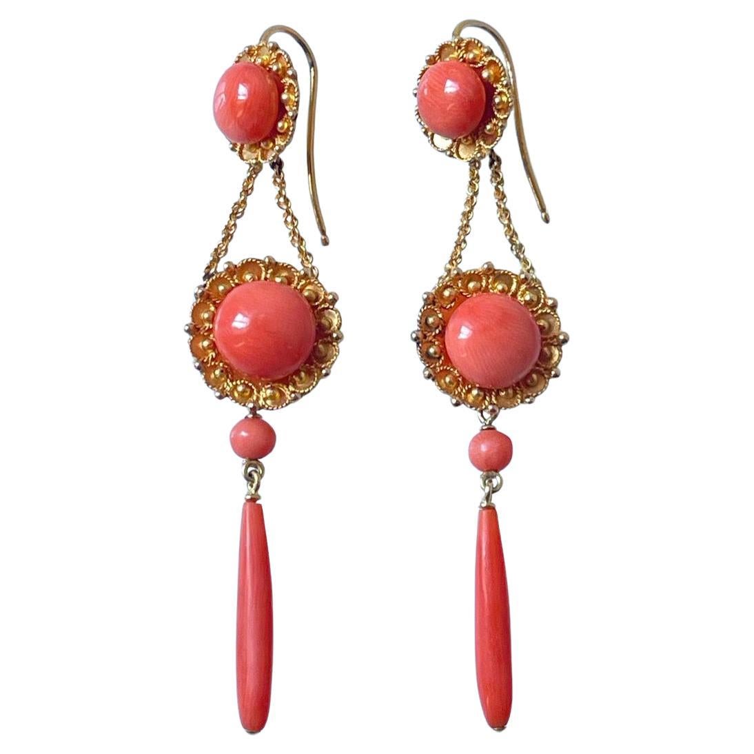 Antique Victorian 18K Gold Coral Etruscan Revival Long Drop Earrings C 1860