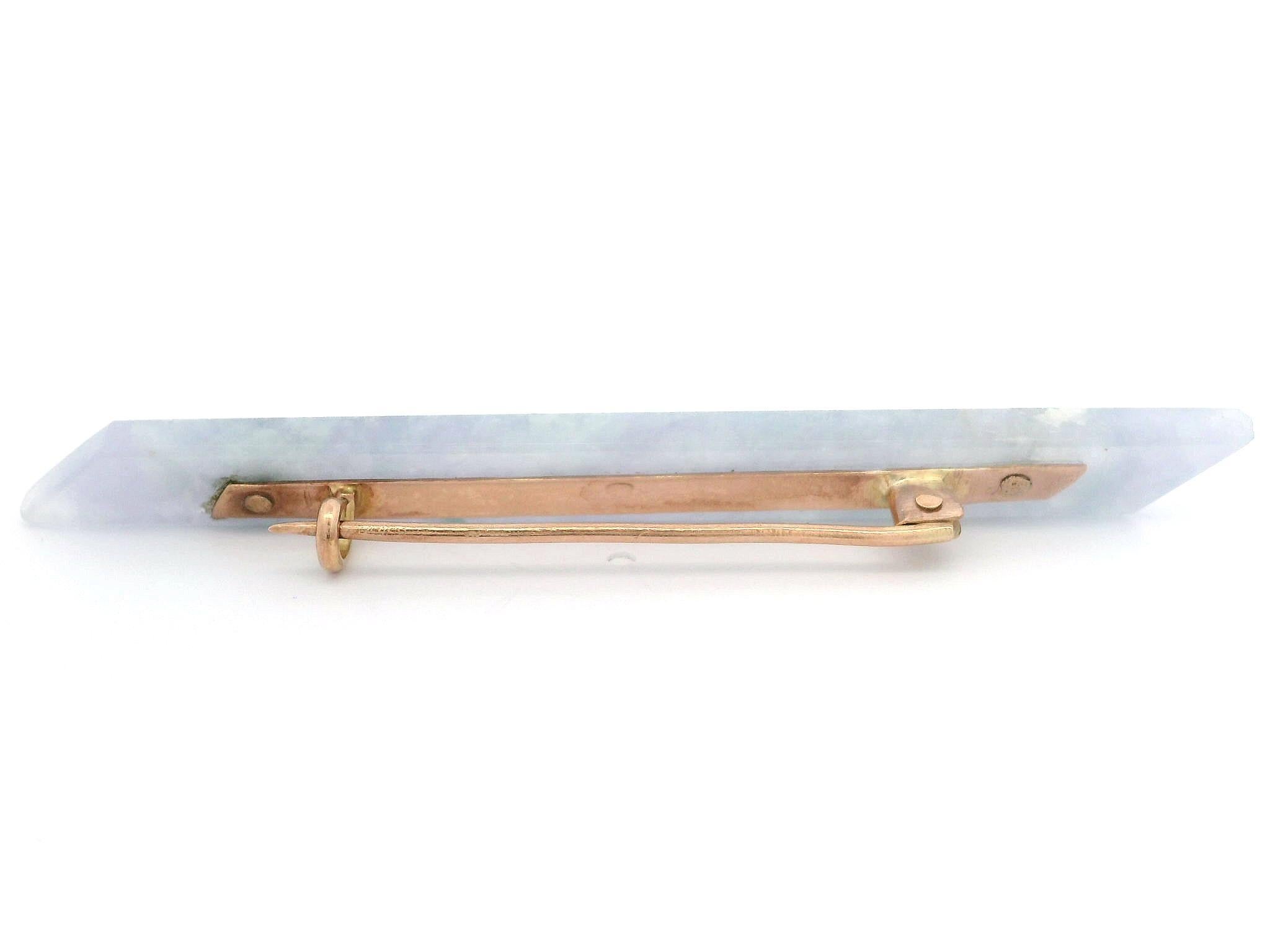 Women's Antique Victorian 18k Gold Custom Cut Marbled Lavender Jade Long Bar Pin Brooch For Sale