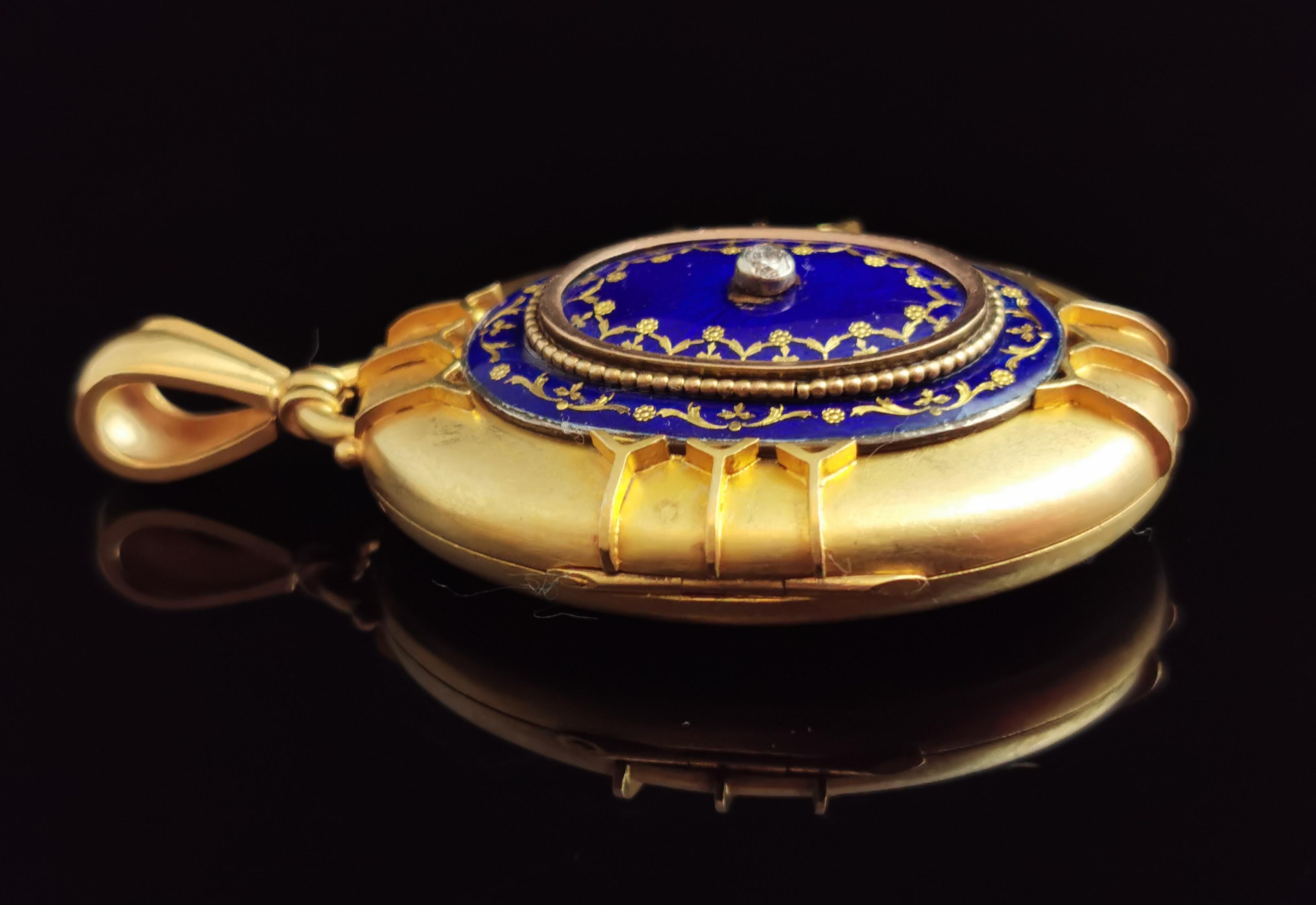 Women's Antique Victorian 18k Gold Diamond and Blue Enamel Locket Pendant For Sale