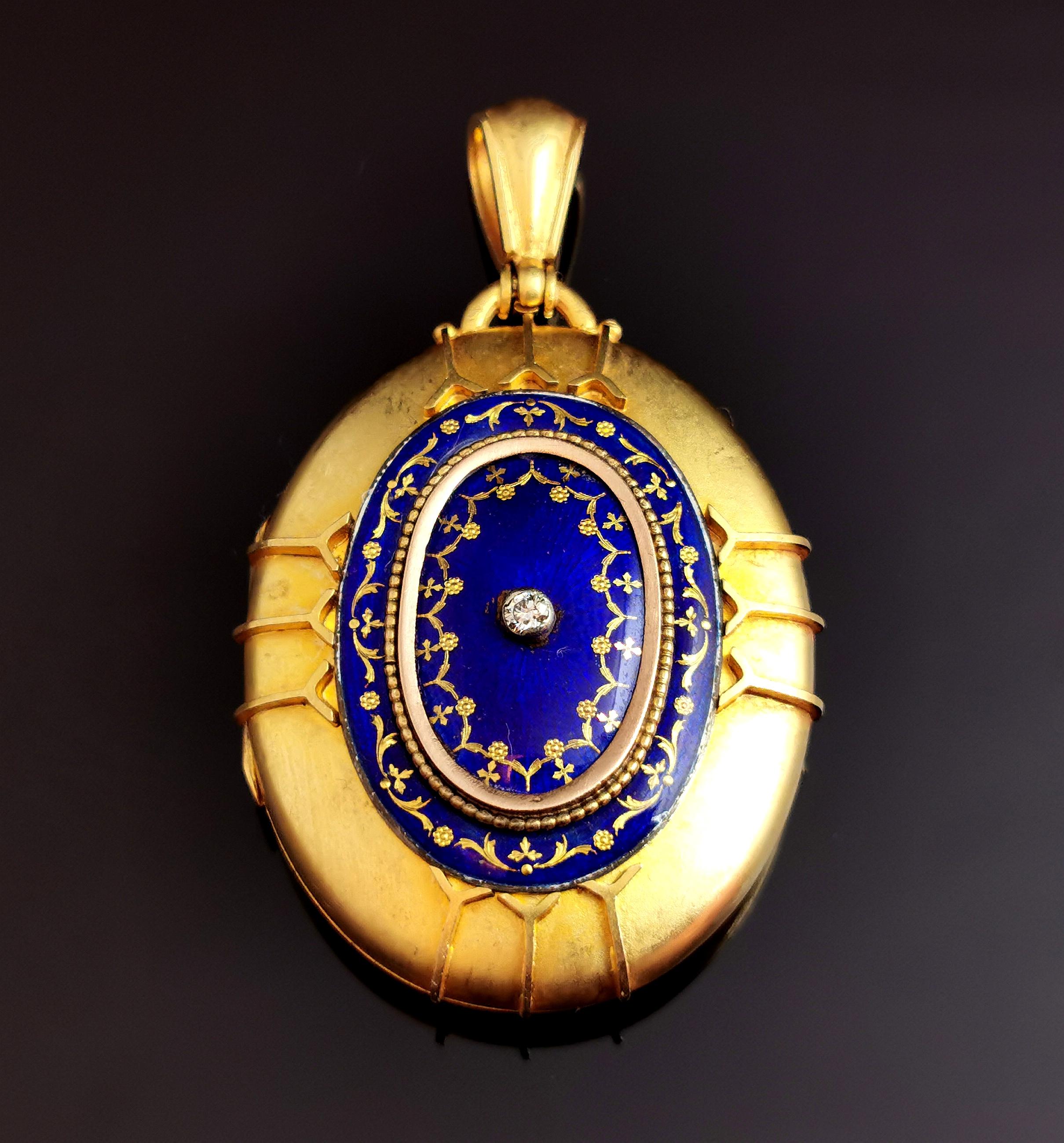 Brilliant Cut Antique Victorian 18k Gold Diamond and Blue Enamel Locket Pendant For Sale