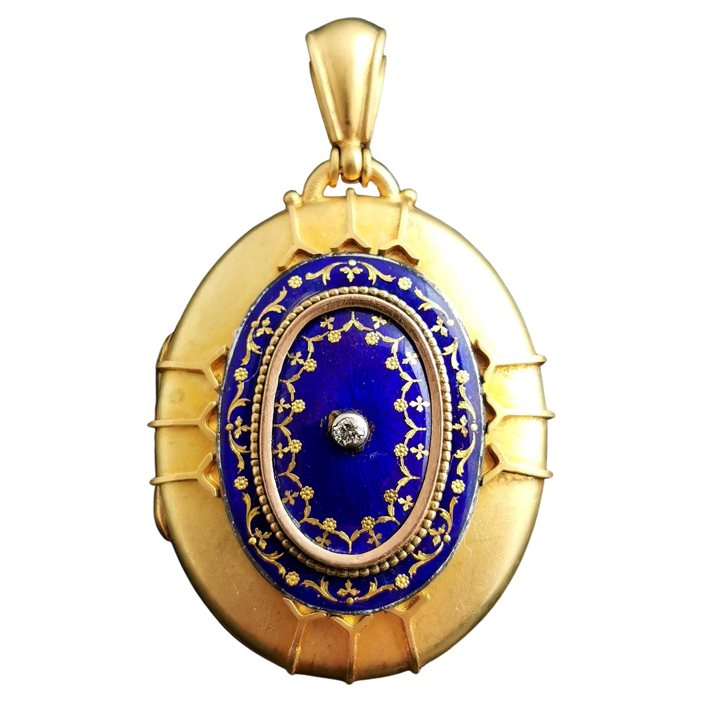 Antique Victorian 18k Gold Diamond and Blue Enamel Locket Pendant For Sale