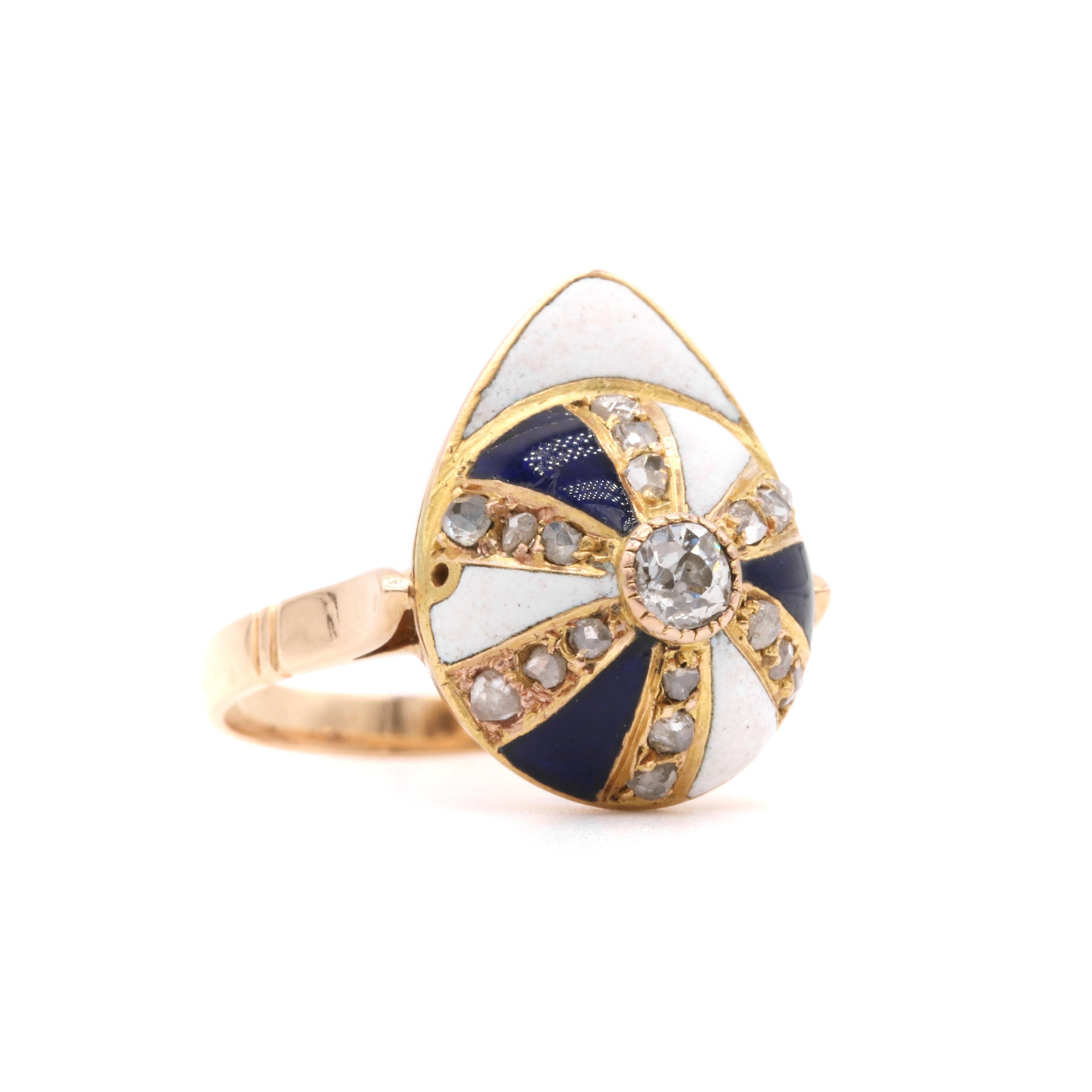 Old European Cut Antique Victorian 18K Gold Diamond & Blue & White Enamel Polo Cap Ring For Sale
