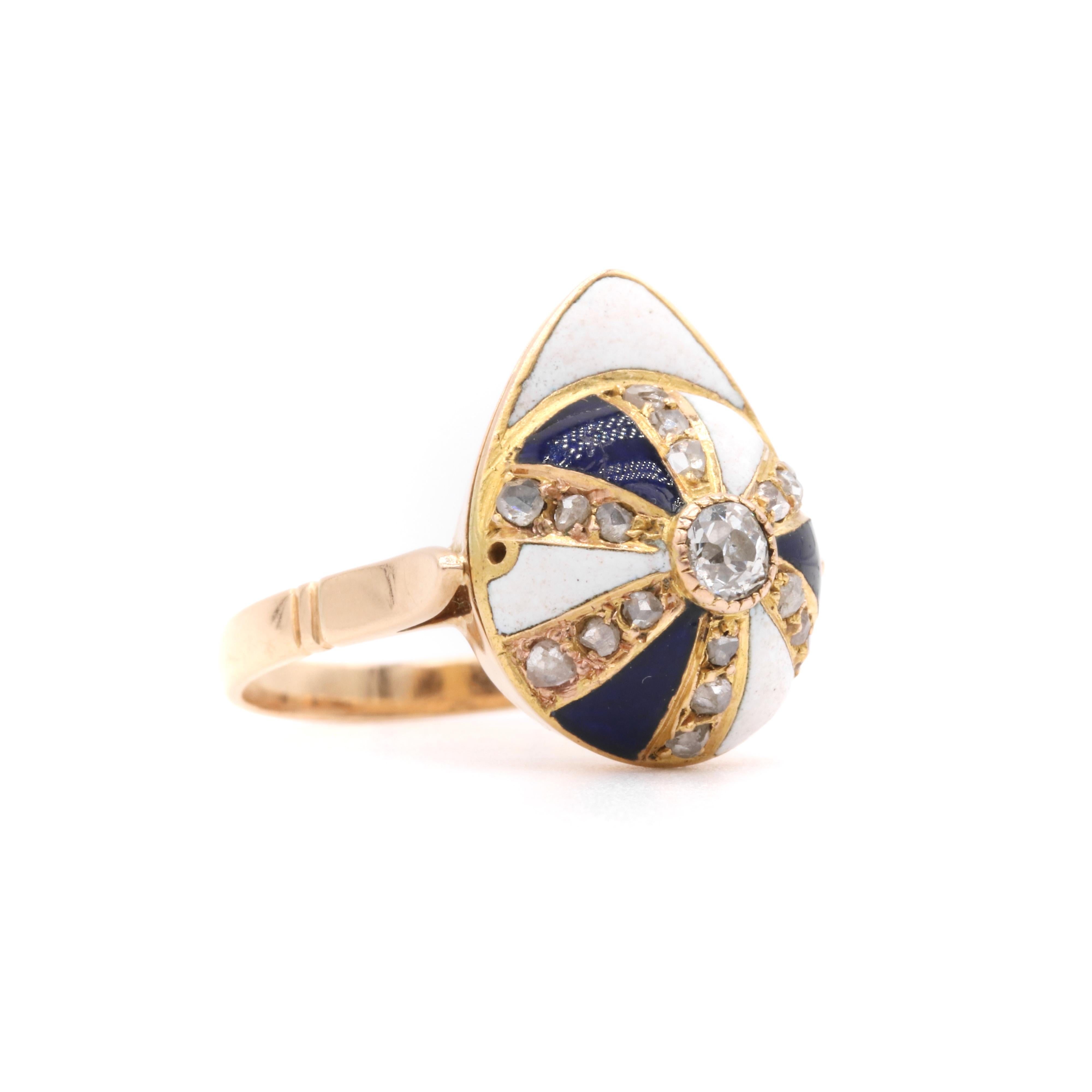 Antique Victorian 18K Gold Diamond & Blue & White Enamel Polo Cap Ring In Good Condition For Sale In Staines-Upon-Thames, GB