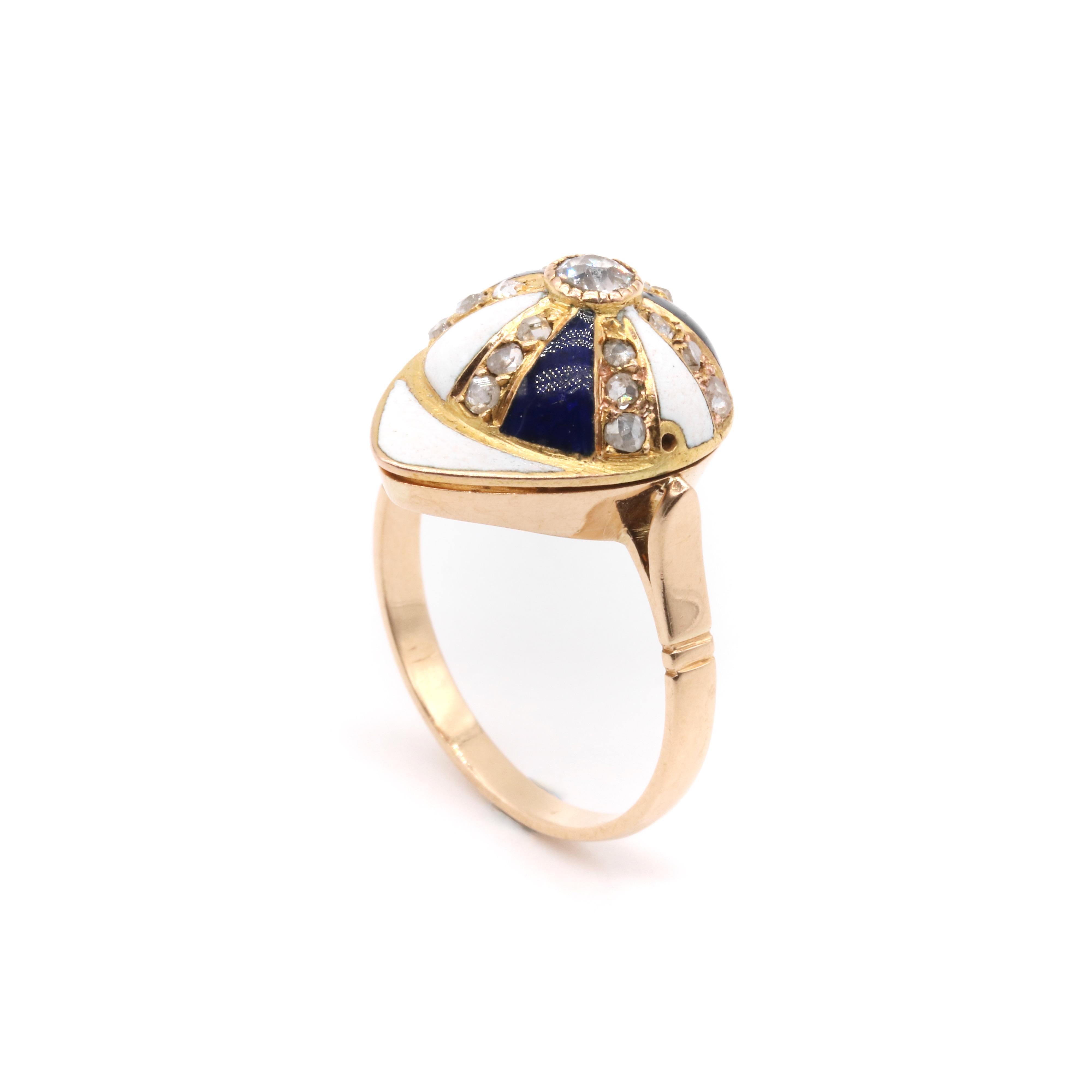 Antique Victorian 18K Gold Diamond & Blue & White Enamel Polo Cap Ring For Sale 3