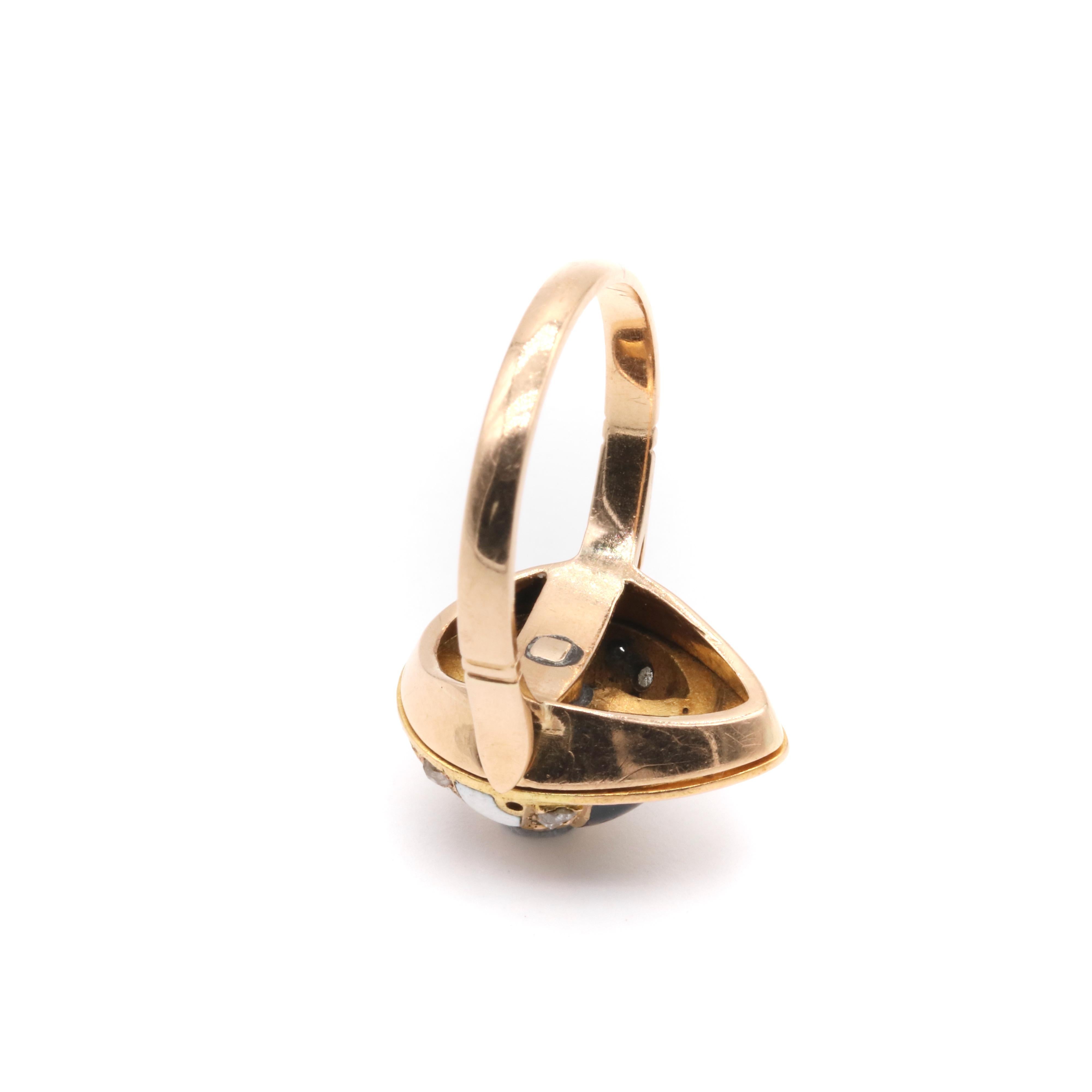 Antique Victorian 18K Gold Diamond & Blue & White Enamel Polo Cap Ring For Sale 4