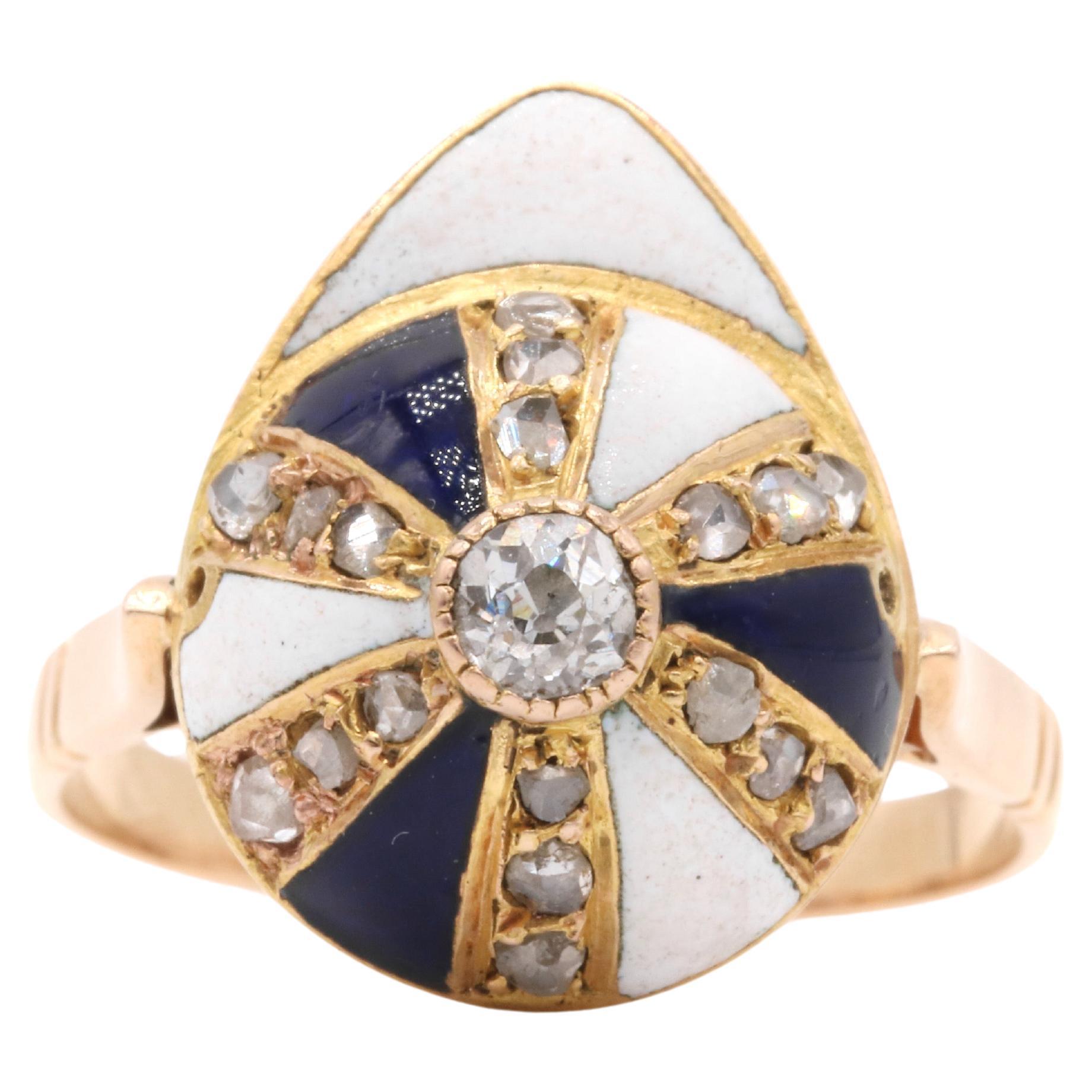Antique Victorian 18K Gold Diamond & Blue & White Enamel Polo Cap Ring
