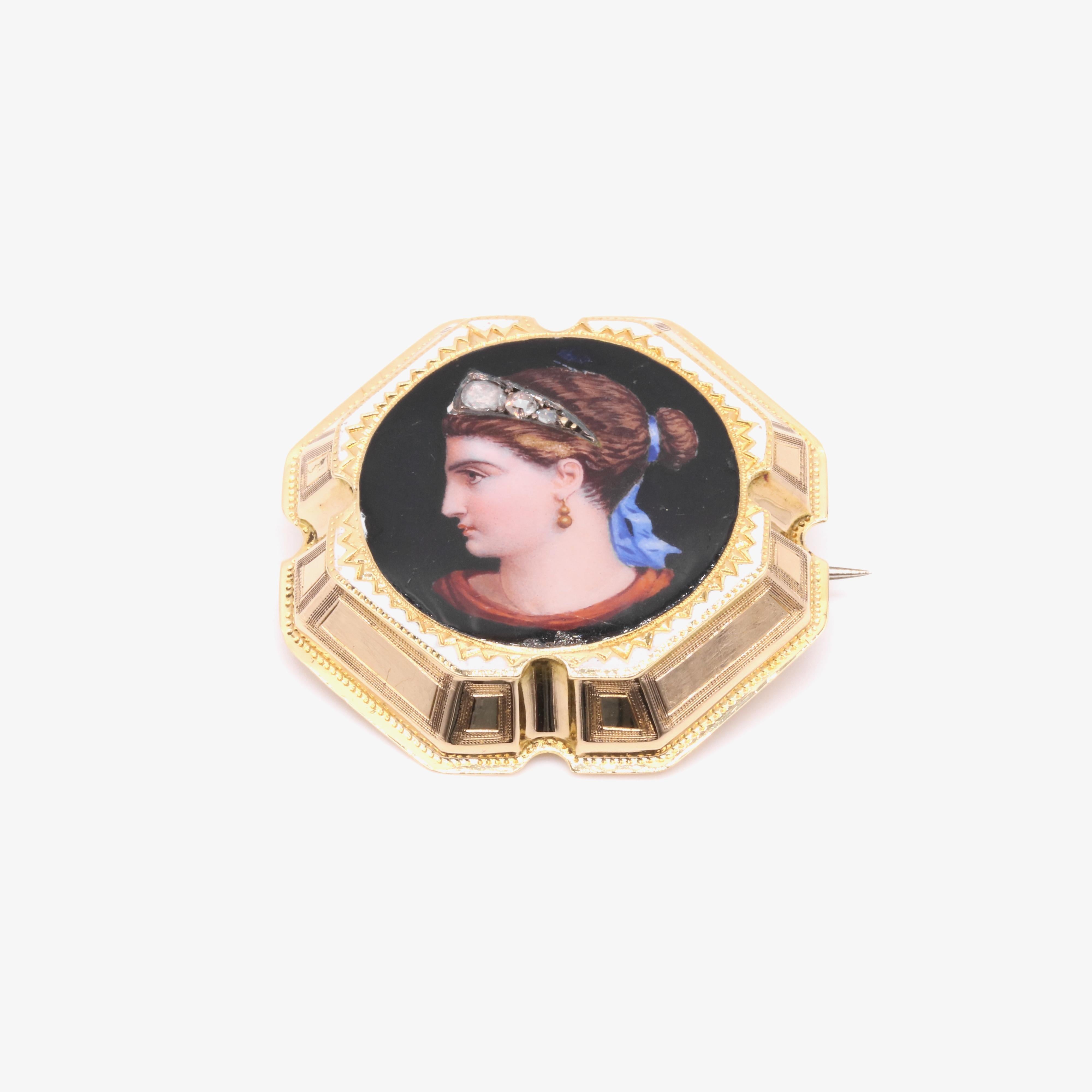 Antique Victorian 18K Gold Diamond Enamel Brooch Depicting a Classical Lady In Good Condition For Sale In Staines-Upon-Thames, GB