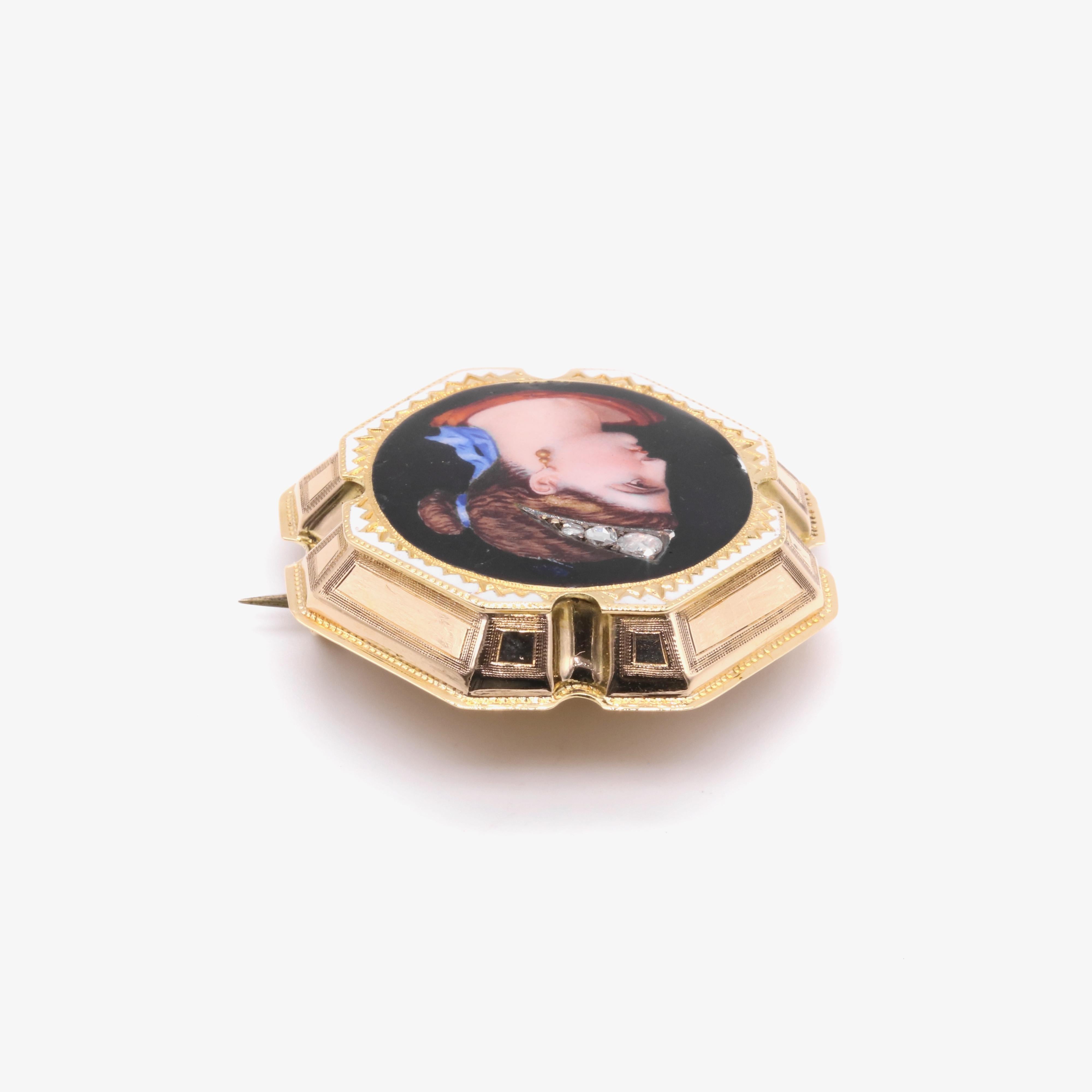 Women's or Men's Antique Victorian 18K Gold Diamond Enamel Brooch Depicting a Classical Lady For Sale