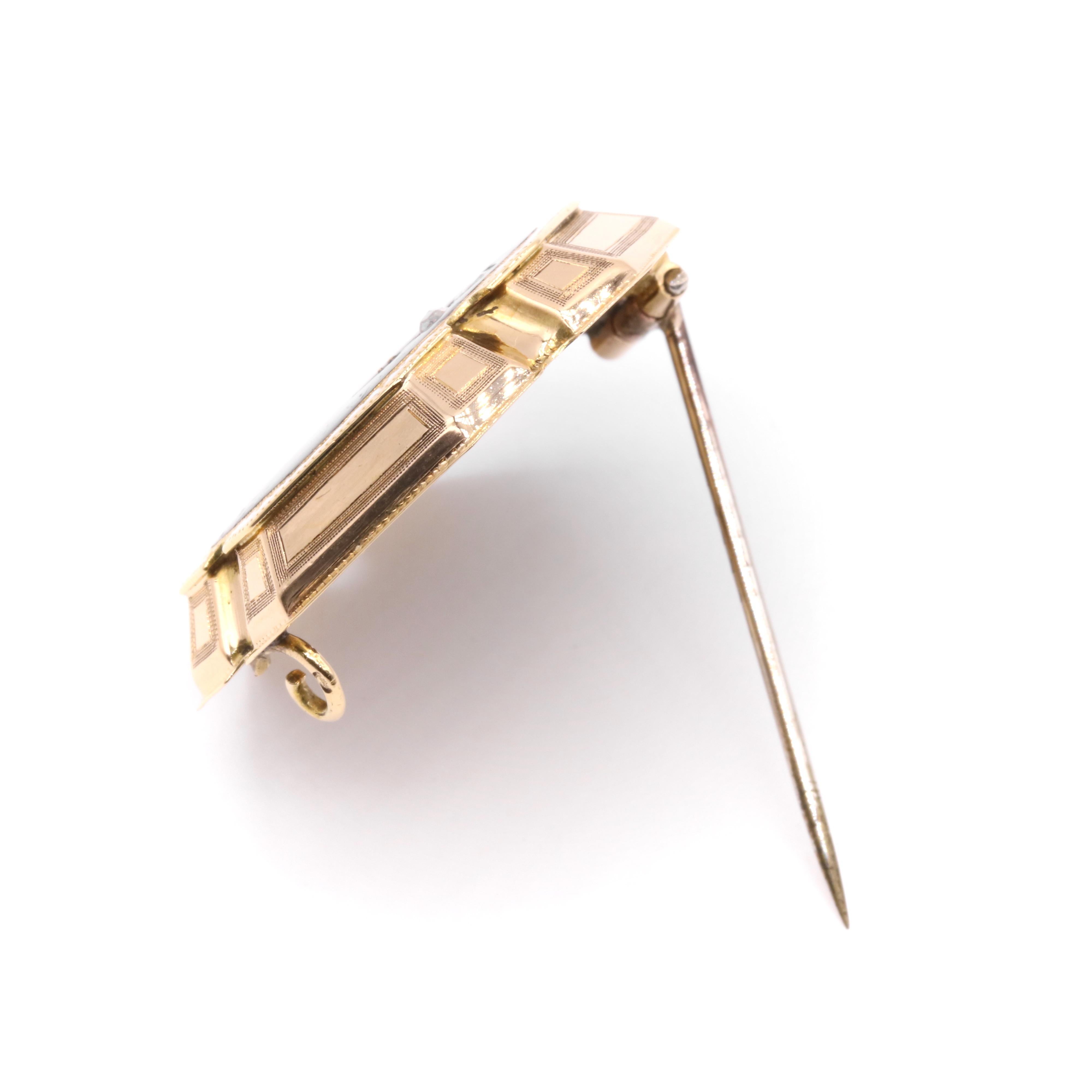 Antique Victorian 18K Gold Diamond Enamel Brooch Depicting a Classical Lady For Sale 2