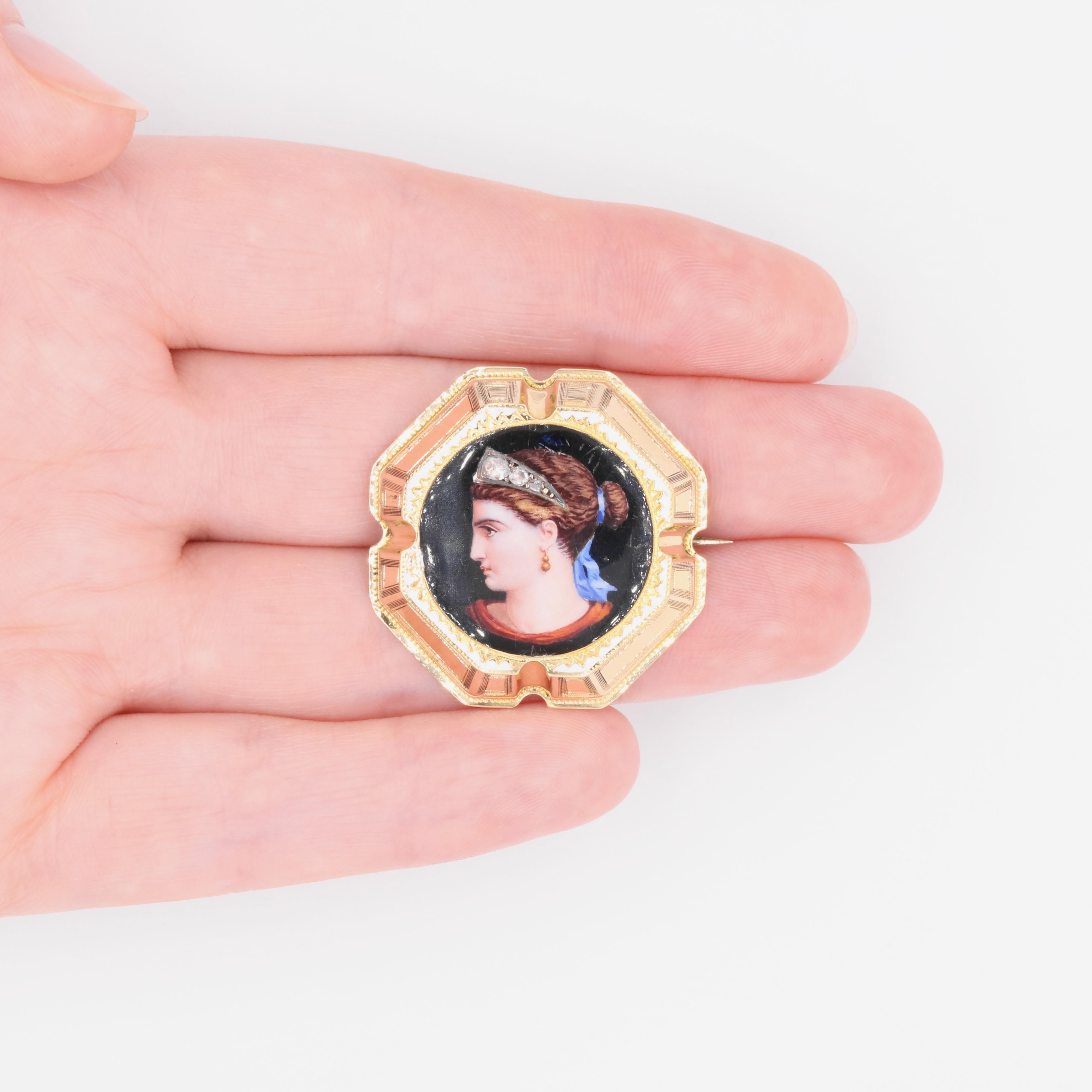 Antique Victorian 18K Gold Diamond Enamel Brooch Depicting a Classical Lady For Sale 3